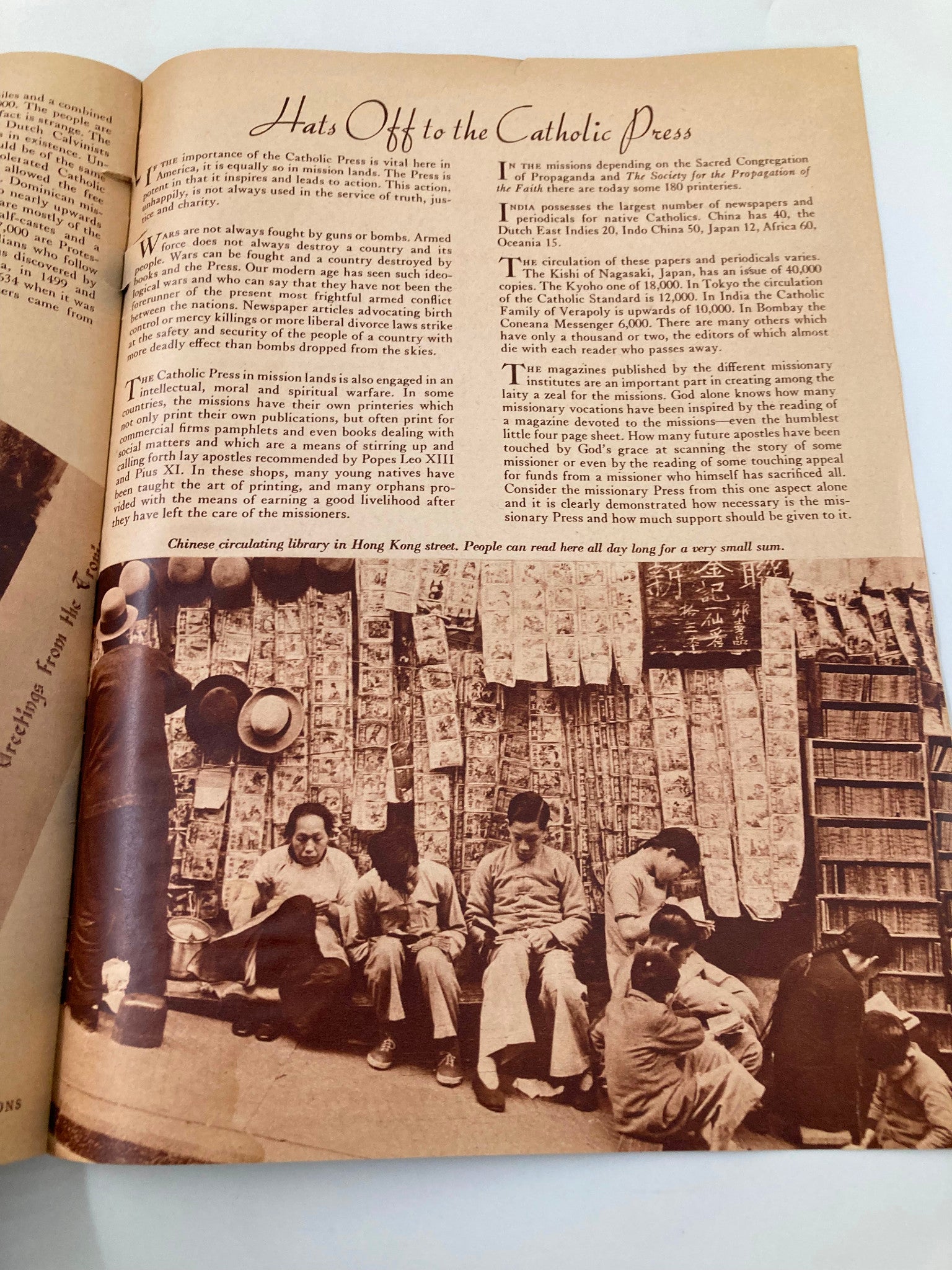 Interior page of VTG Catholic Missions January February 1941, featuring an article titled 'Hats Off to the Catholic Press', discussing the significance of Catholic media in mission lands and cultural contexts.