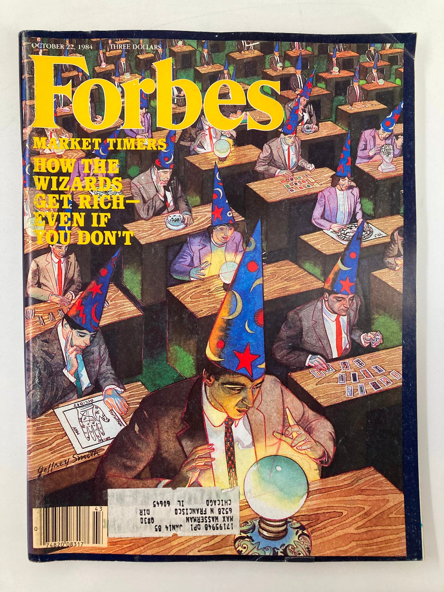 Cover of the October 22, 1984 issue of Forbes Magazine titled 'How The Wizards Get Rich Even If You Don't', featuring an illustrated scene of men in suits wearing wizard hats at desks with financial activities.