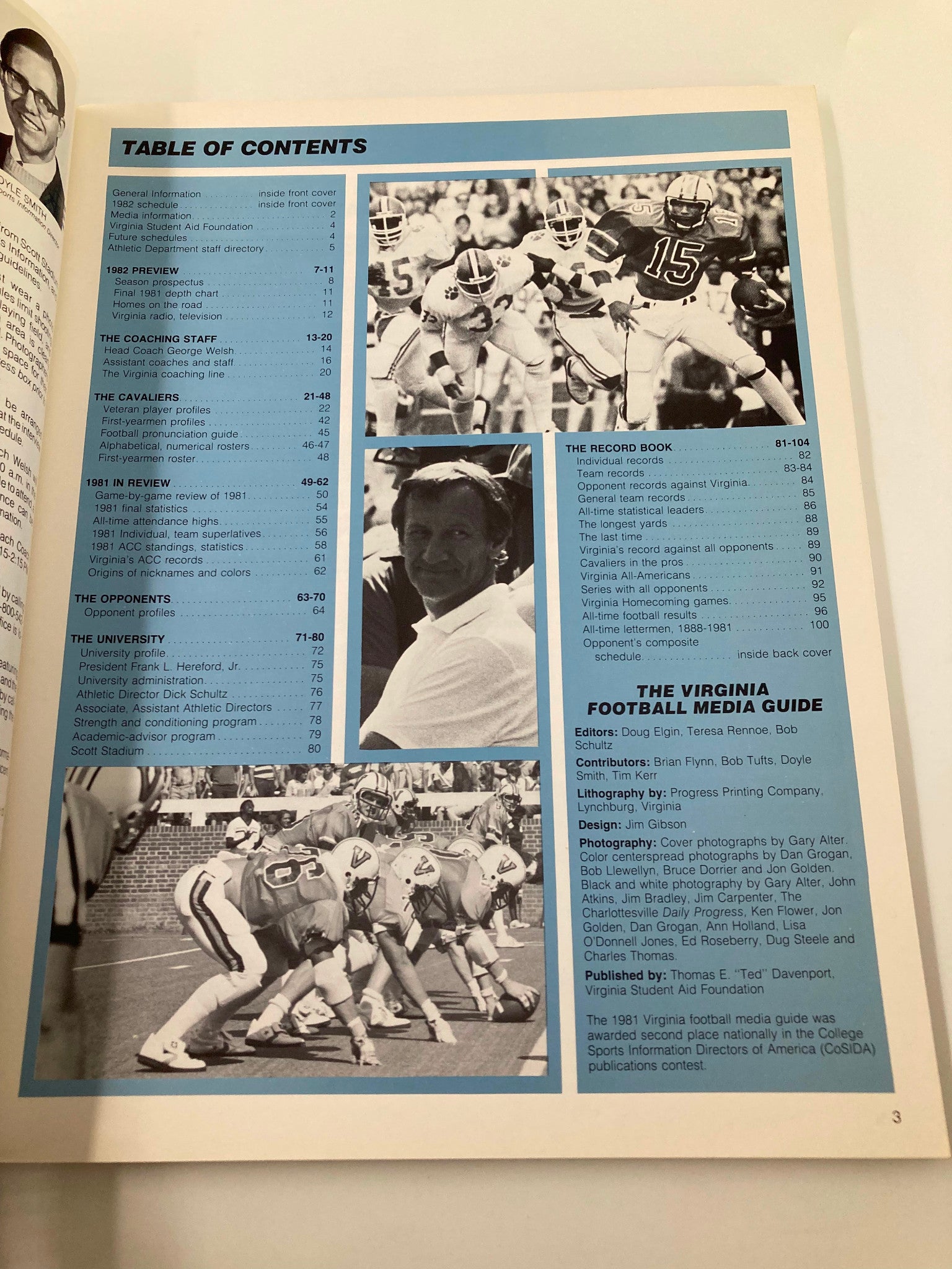 Table of contents page from VTG 1982 The Football Virginia Media Guide, showcasing football highlights and coaching staff including Coach George Welsh.