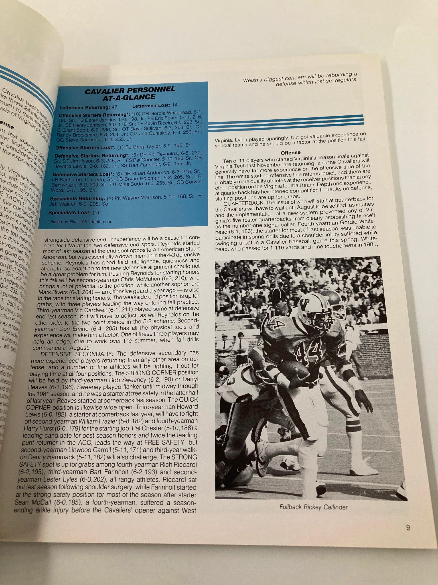 Cavalier personnel overview page from VTG 1982 The Football Virginia Media Guide, detailing players and statistics.