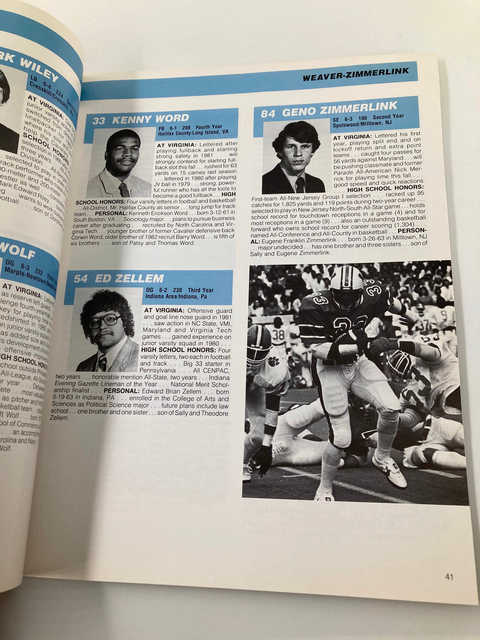 Page from the VTG 1982 The Football Virginia Media Guide featuring player profiles including Kenny Word, Geno Zimmerlink, and Ed Zellem. Highlighting statistics and career details for University of Virginia football players.