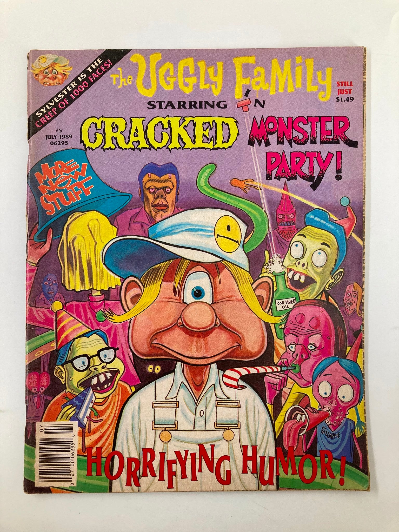Cover of Cracked Humor Magazine July 1989 featuring The Uggly Family in a Monster Party theme with vibrant illustrations and humorous details.