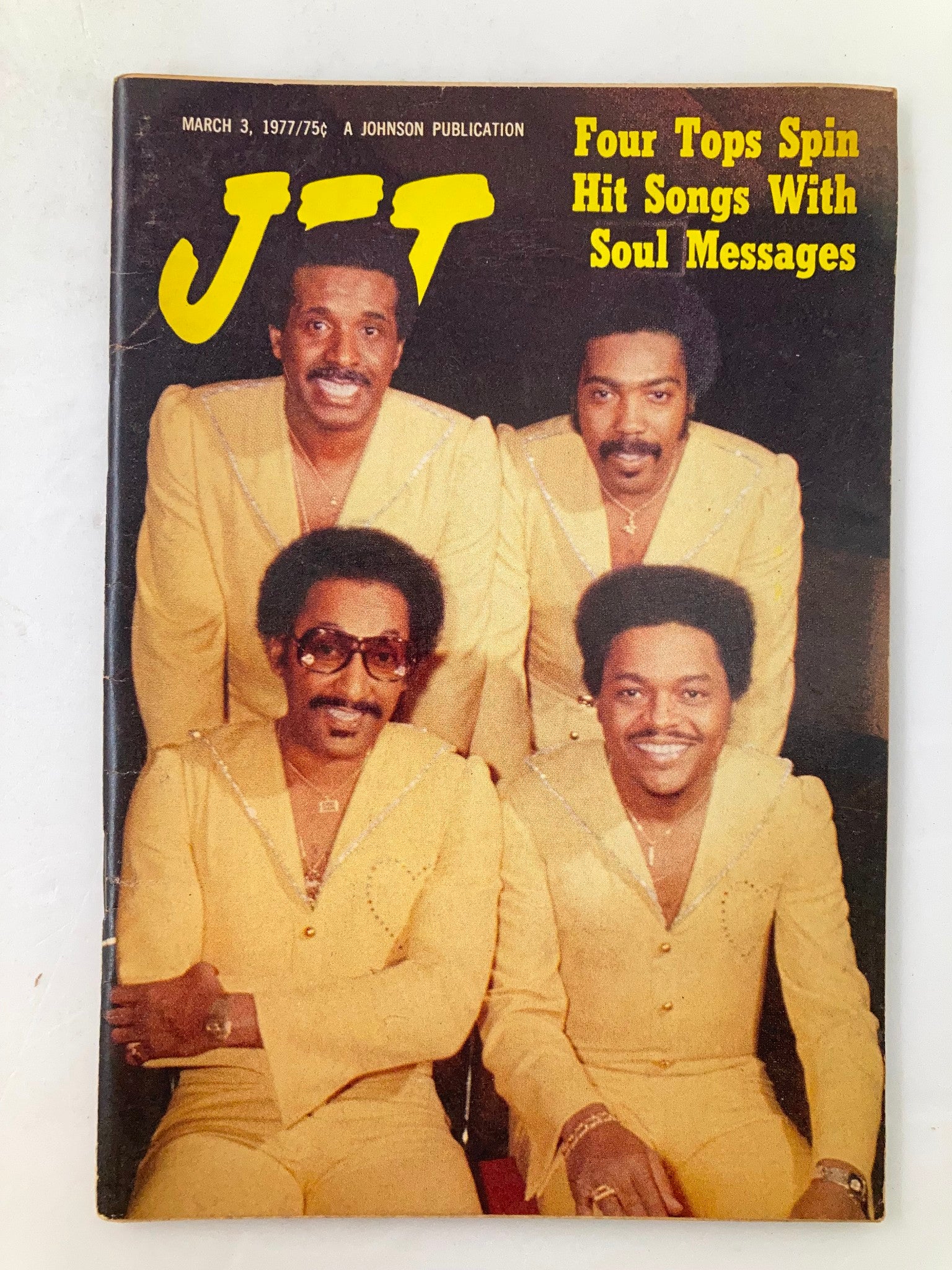 VTG Jet Magazine March 3 1977 cover featuring the Four Tops, showcasing the iconic group in vibrant yellow suits and discussing their hit songs.