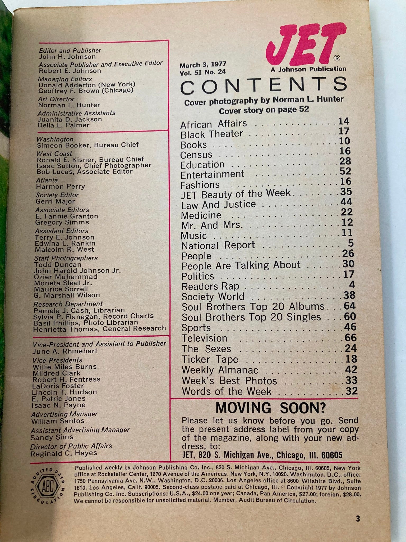 Contents page of VTG Jet Magazine March 3 1977, Volume 51, Number 24, listing articles and features related to African affairs, entertainment, and cultural topics.