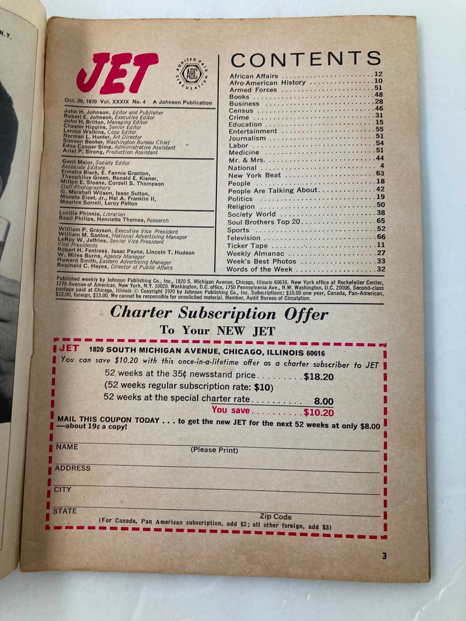 Inside page of VTG Jet Magazine October 29 1970 Vol 39 #4 displaying the table of contents, featuring various articles and topics relevant to African American history and culture.