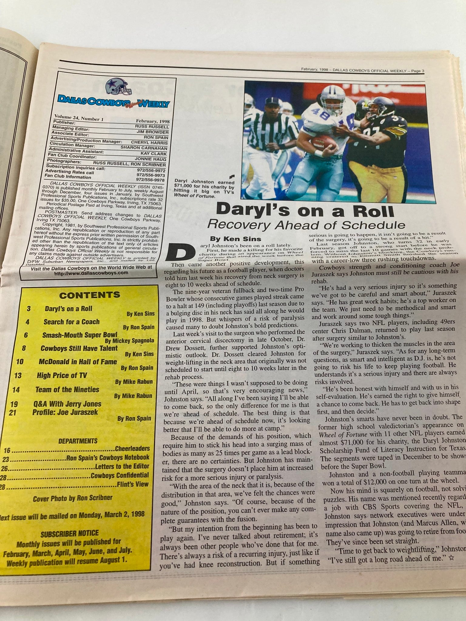 Dallas Cowboys Weekly Newspaper February 1998 Vol 24 #1 Daryl Johnston