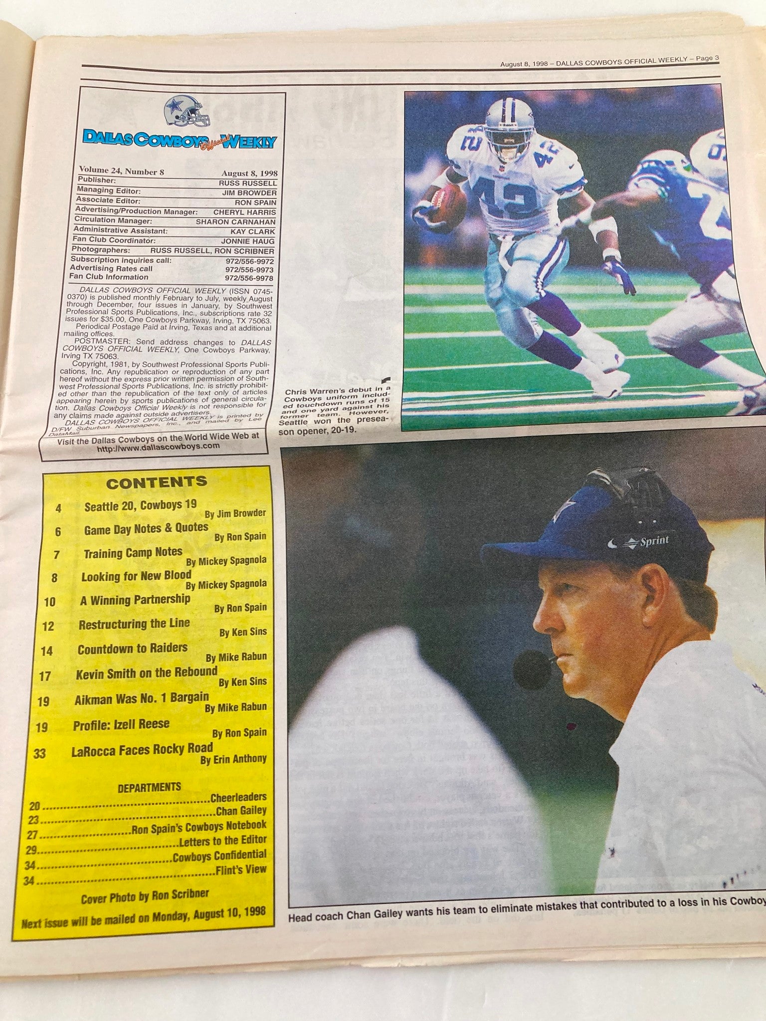 Dallas Cowboys Weekly Newspaper August 8 1998 Vol 24 #8 Daryl 'Moose' Johnston