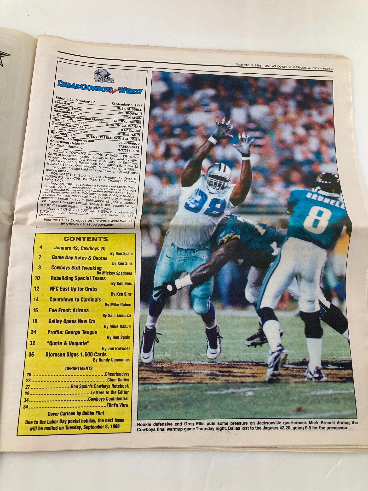 Dallas Cowboys Weekly Newspaper September 5 1998 Vol 24 #12 Rookie Greg Ellis