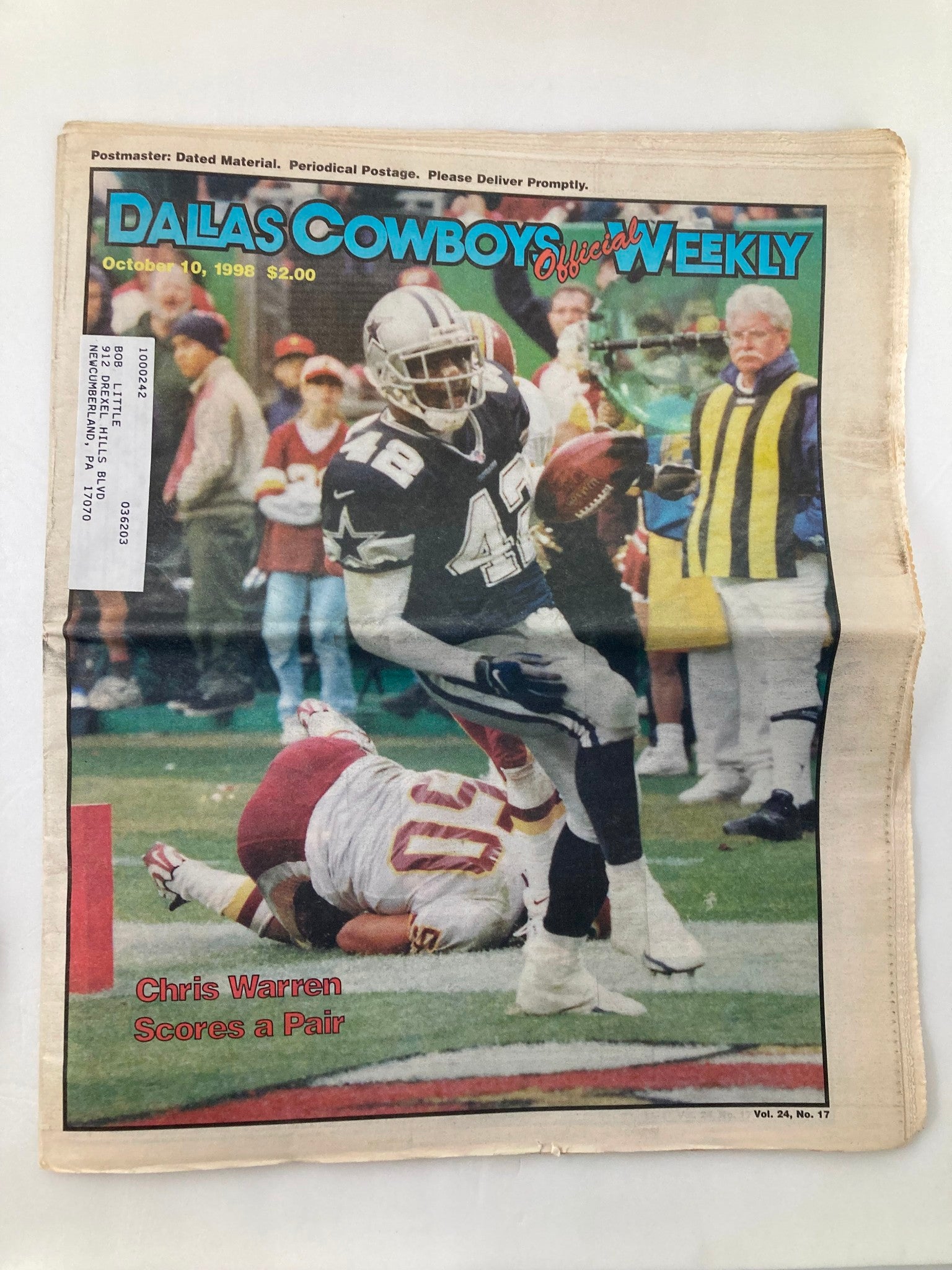 Dallas Cowboys Weekly Newspaper October 10 1998 Vol 24 #17 Chris Warren