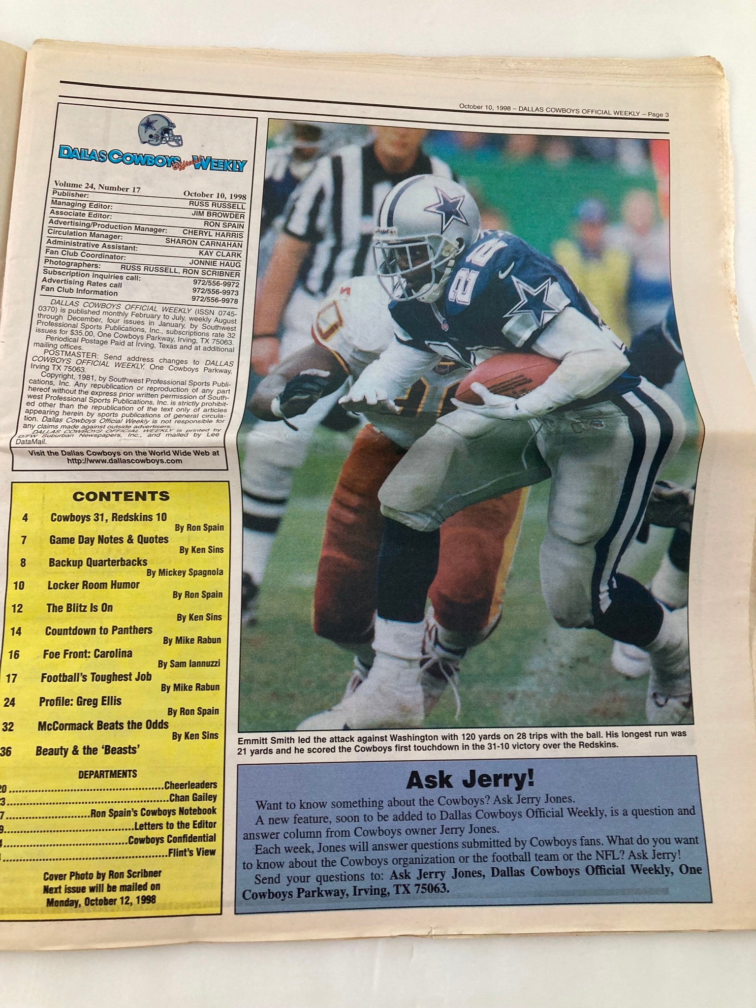 Dallas Cowboys Weekly Newspaper October 10 1998 Vol 24 #17 Chris Warren