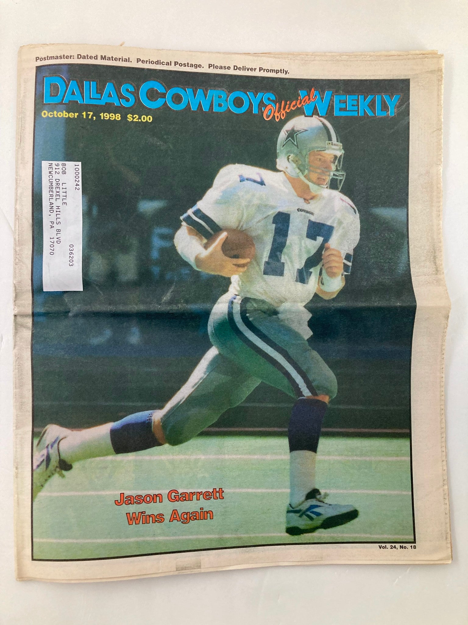 Dallas Cowboys Weekly Newspaper October 17 1998 Vol 24 #18 Jason Garett