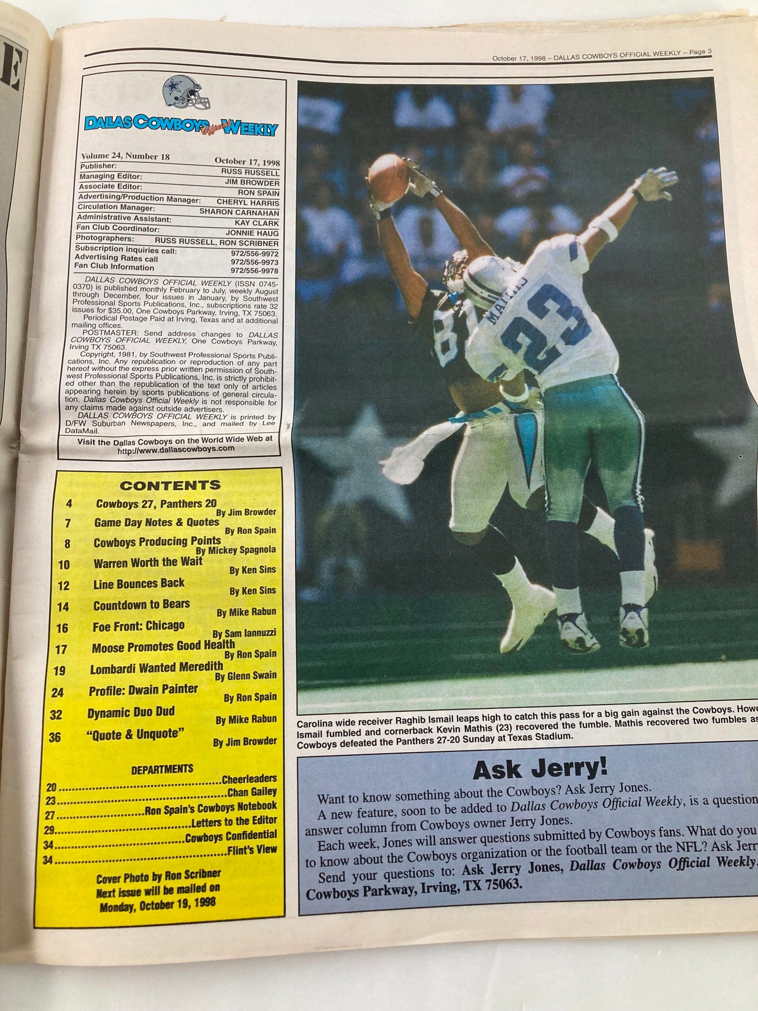 Dallas Cowboys Weekly Newspaper October 17 1998 Vol 24 #18 Jason Garett