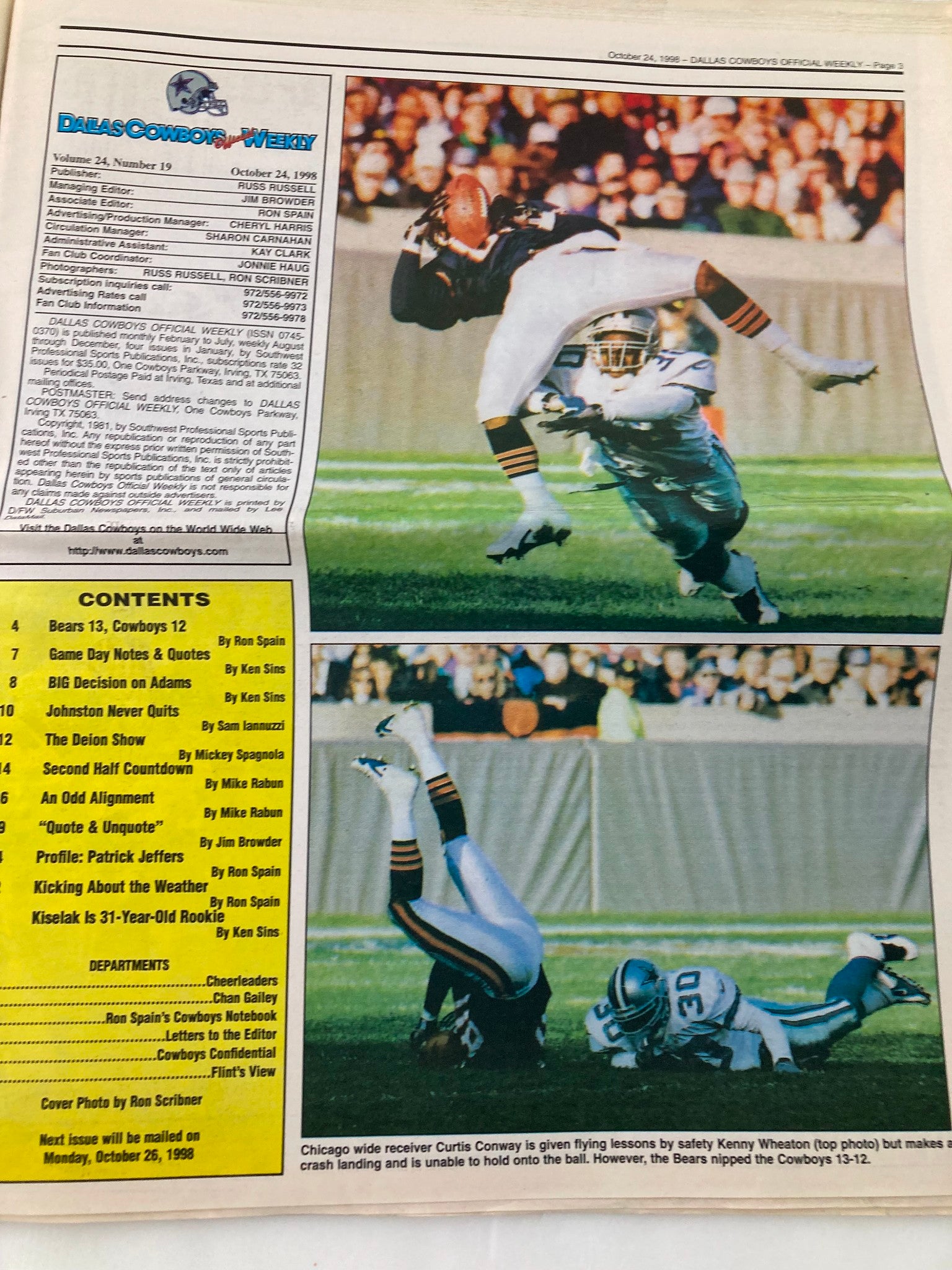 Dallas Cowboys Weekly Newspaper October 24 1998 Vol 24 #19 Leon Lett