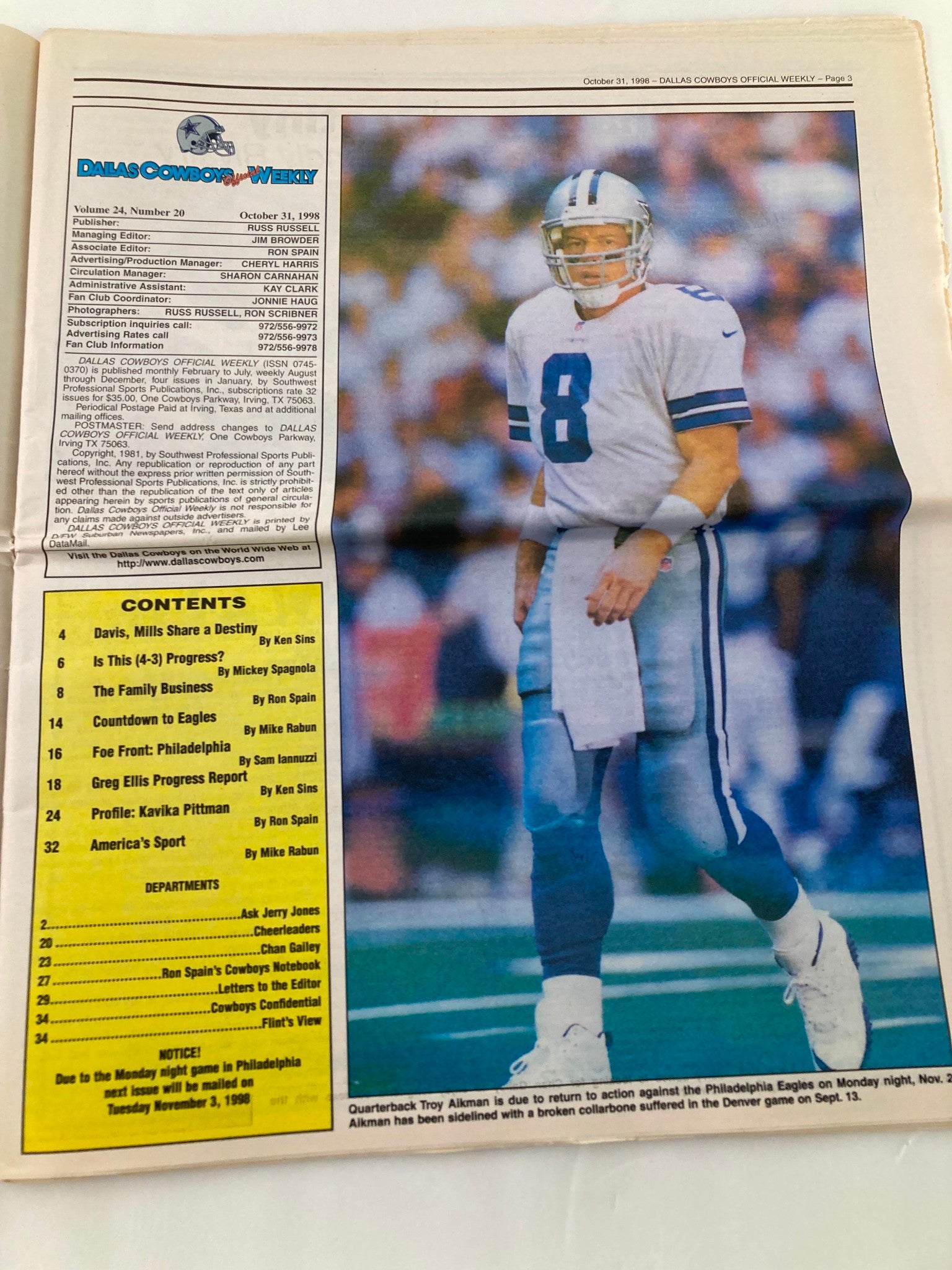 Dallas Cowboys Weekly Newspaper October 31 1998 Vol 24 #20 The Family Business