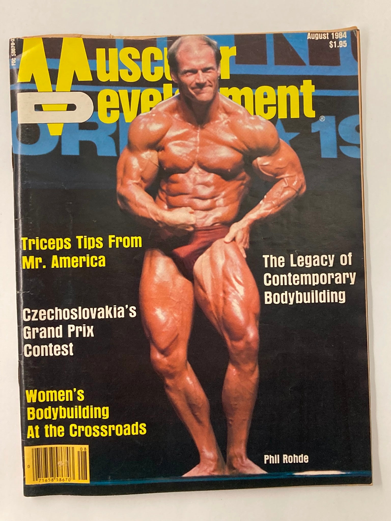 Cover of VTG Muscular Development Magazine August 1984 Vol 21 #4 featuring Phil Rohde, showcasing bodybuilding techniques and fitness culture from the 1980s.