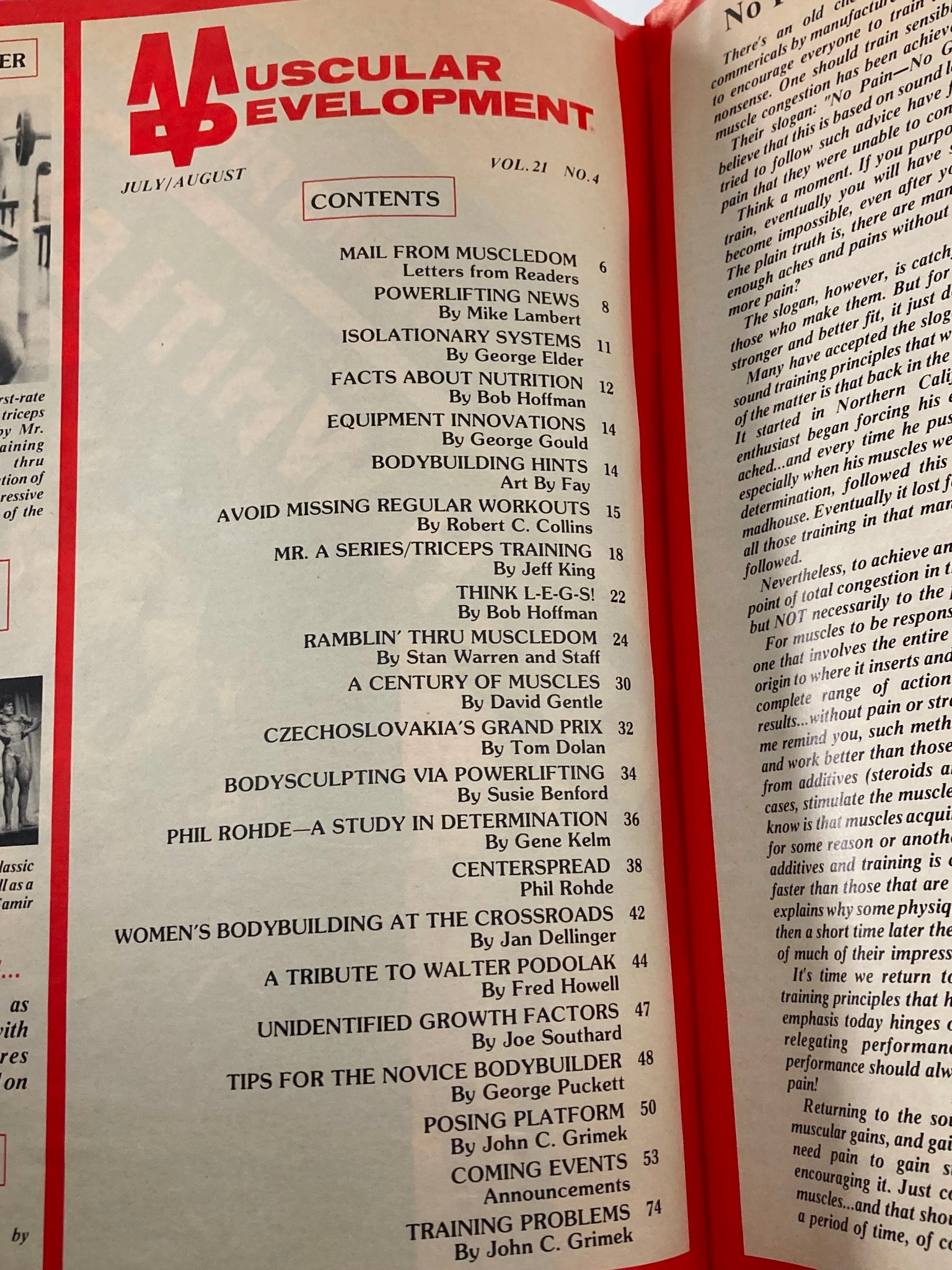 Contents page of VTG Muscular Development Magazine August 1984 Vol 21 #4 highlighting articles on bodybuilding, nutrition, and training tips.