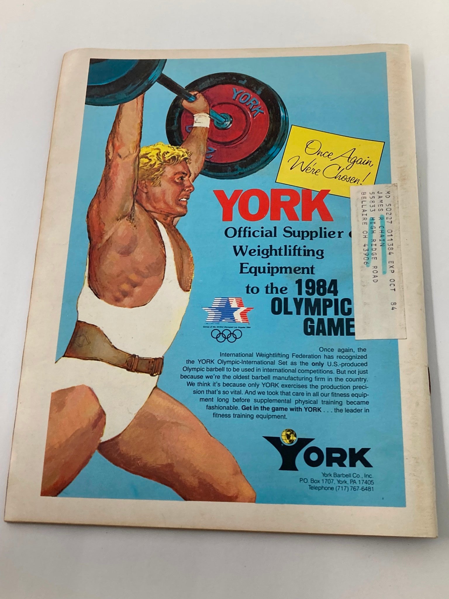 Back cover of VTG Muscular Development Magazine August 1984 Vol 21 #4 featuring an advertisement for YORK weightlifting equipment related to the 1984 Olympic Games.