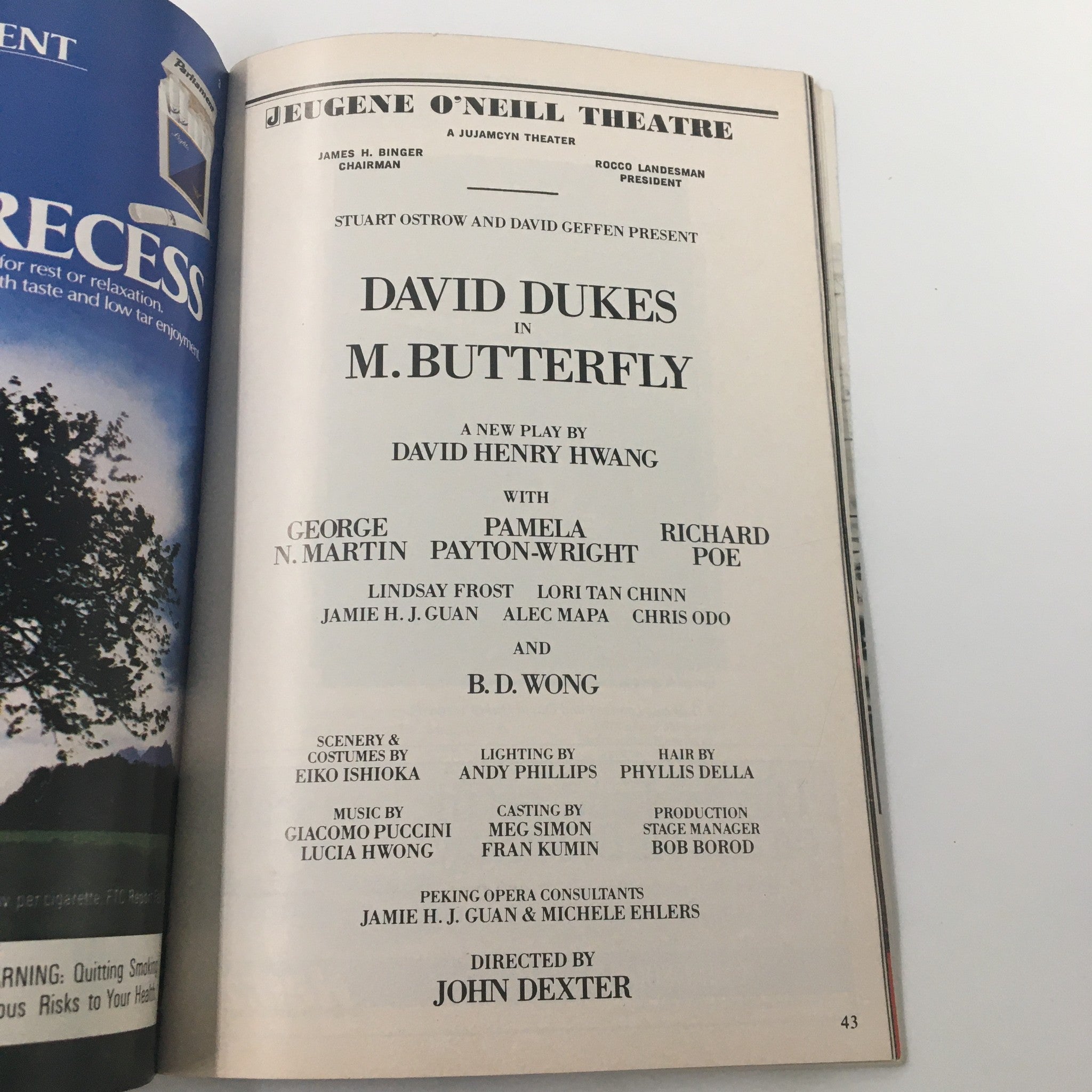 1988 Playbill Eugene O'Neill Theatre David Dukes in M. Butterfly by John Dexter