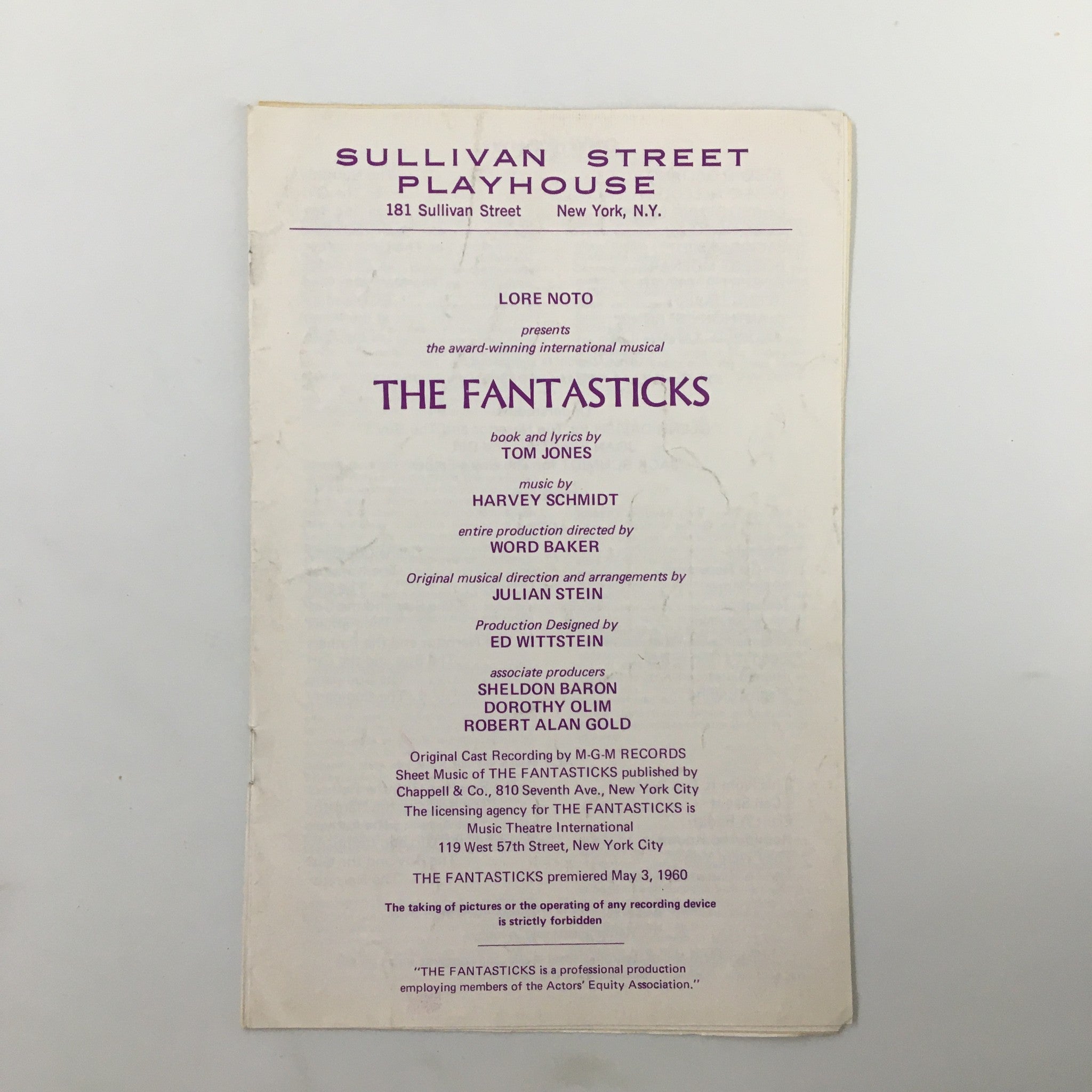 Cover page of the original 1960 Playnews featuring 'The Fantasticks' by Tom Jones, showcasing production details at Sullivan Street Playhouse in New York.