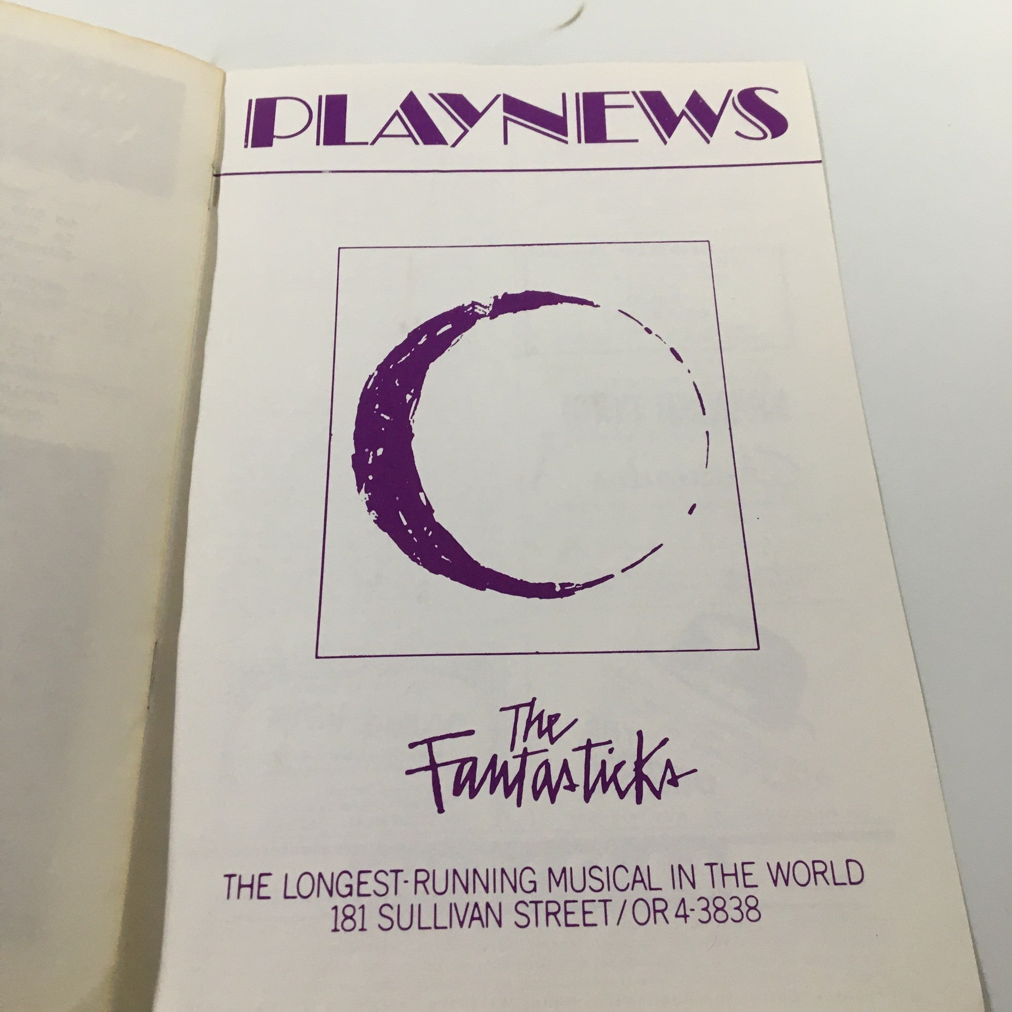 Interior page of the 1960 Playnews for 'The Fantasticks' by Tom Jones, displaying the title and tagline as the longest-running musical in the world.
