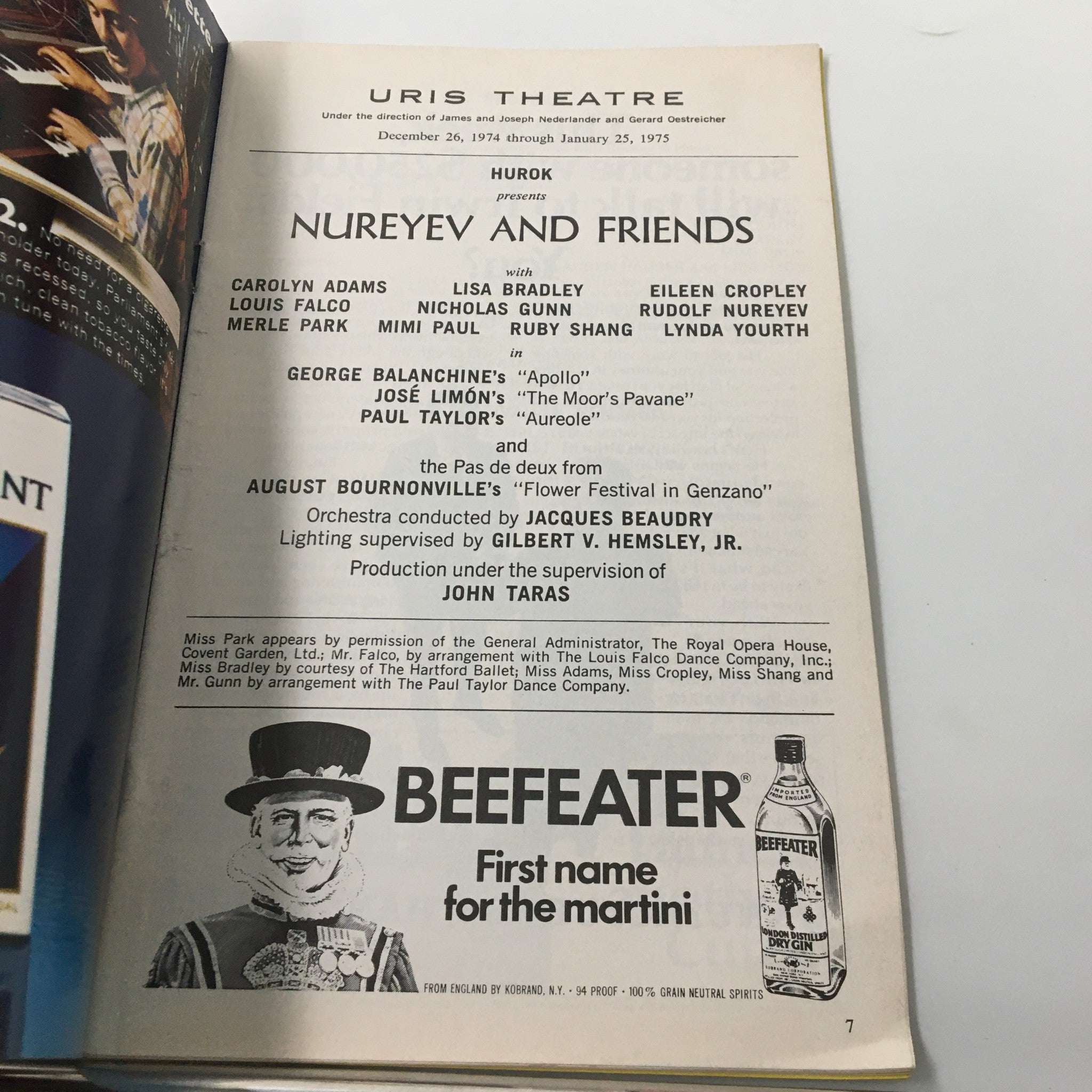 1975 Playbill Uris Theatre Carolyn Adams and Lisa Bradley in Nureyev and Friends