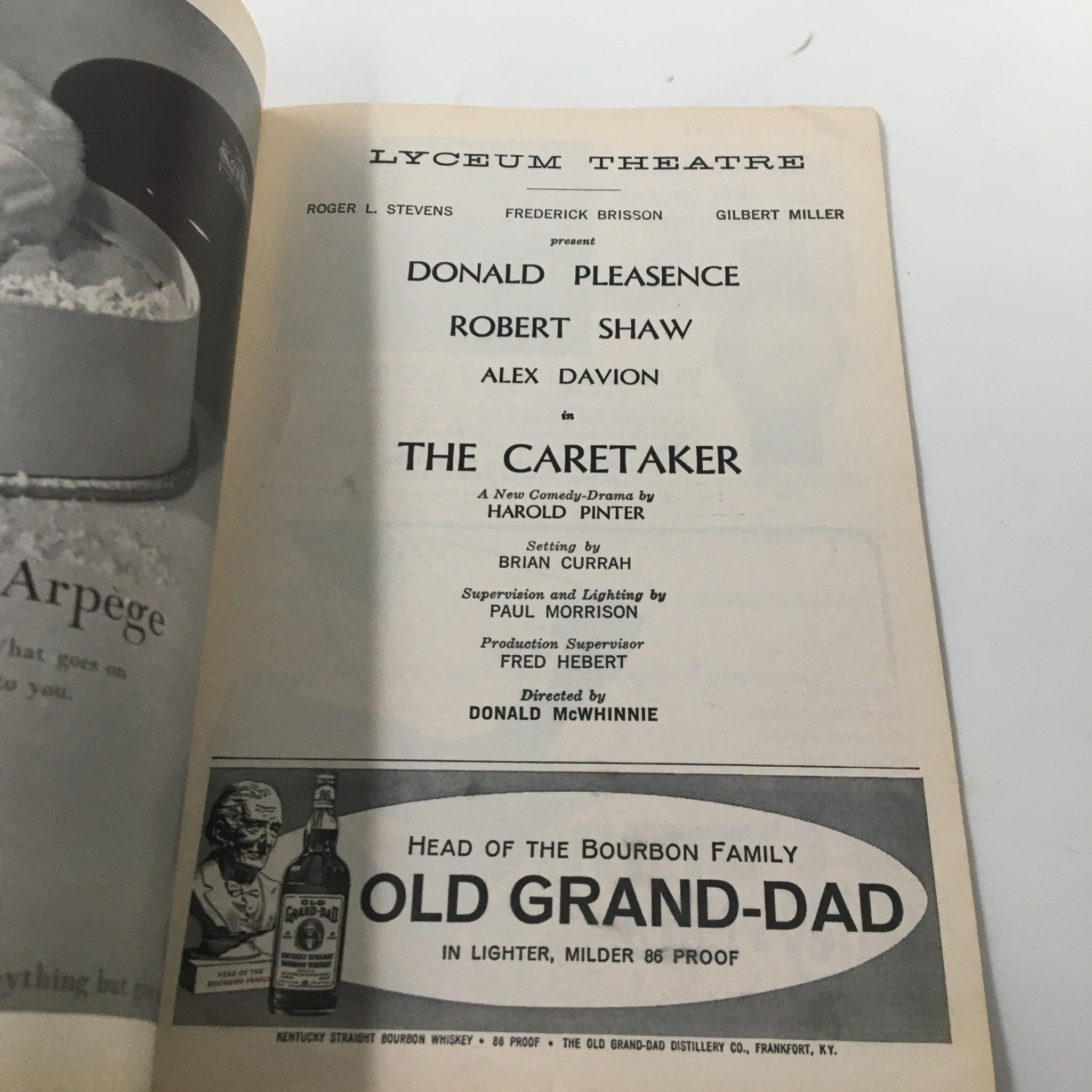 1962 Playbill Lyceum Theatre Donald Pleasance, Robert Shaw in The Caretaker