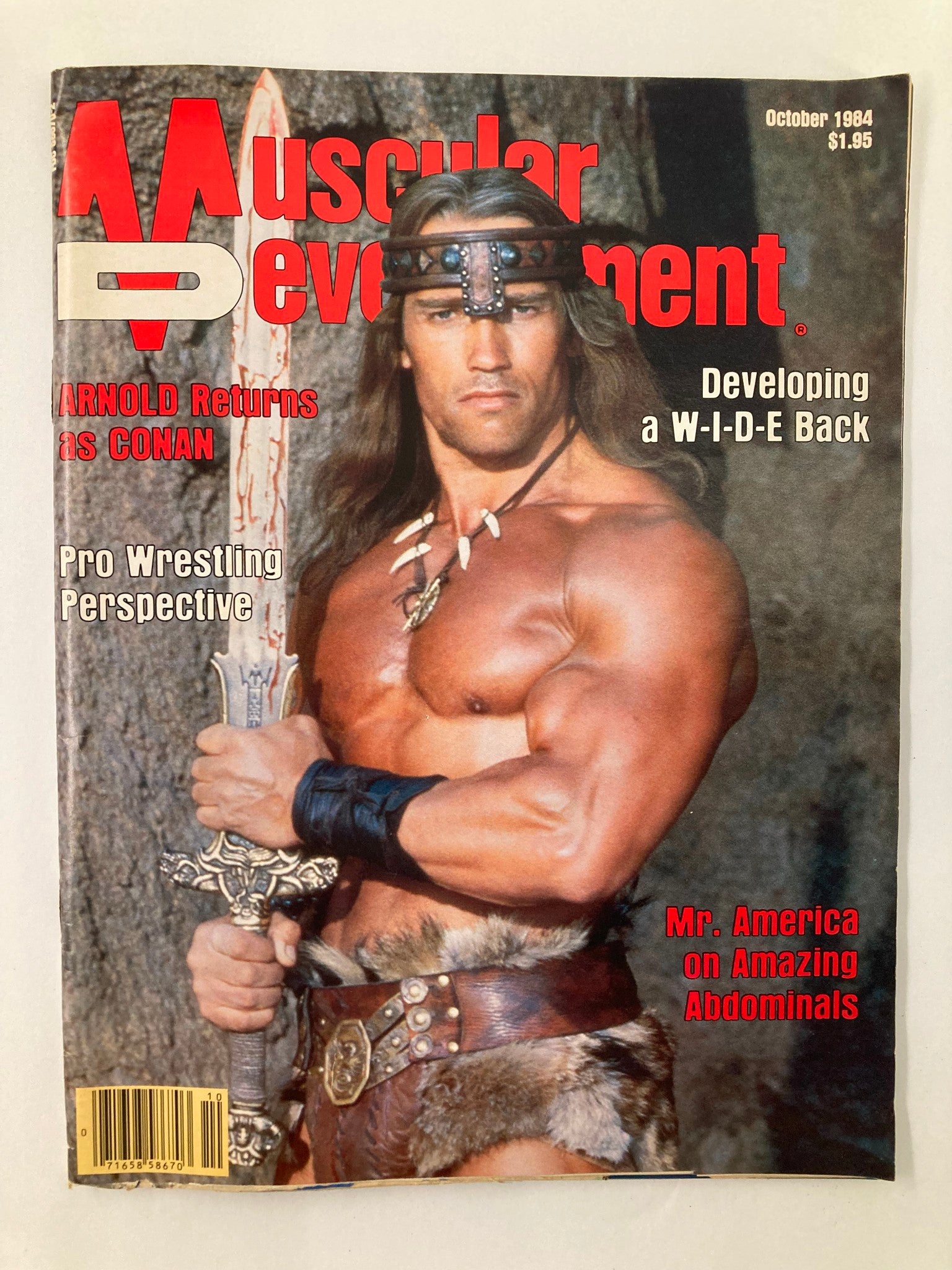 Cover of VTG Muscular Development Magazine October 1984 Vol 21 #5 featuring Arnold Schwarzenegger as Conan, showcasing bodybuilding culture and fitness tips from the 1980s.
