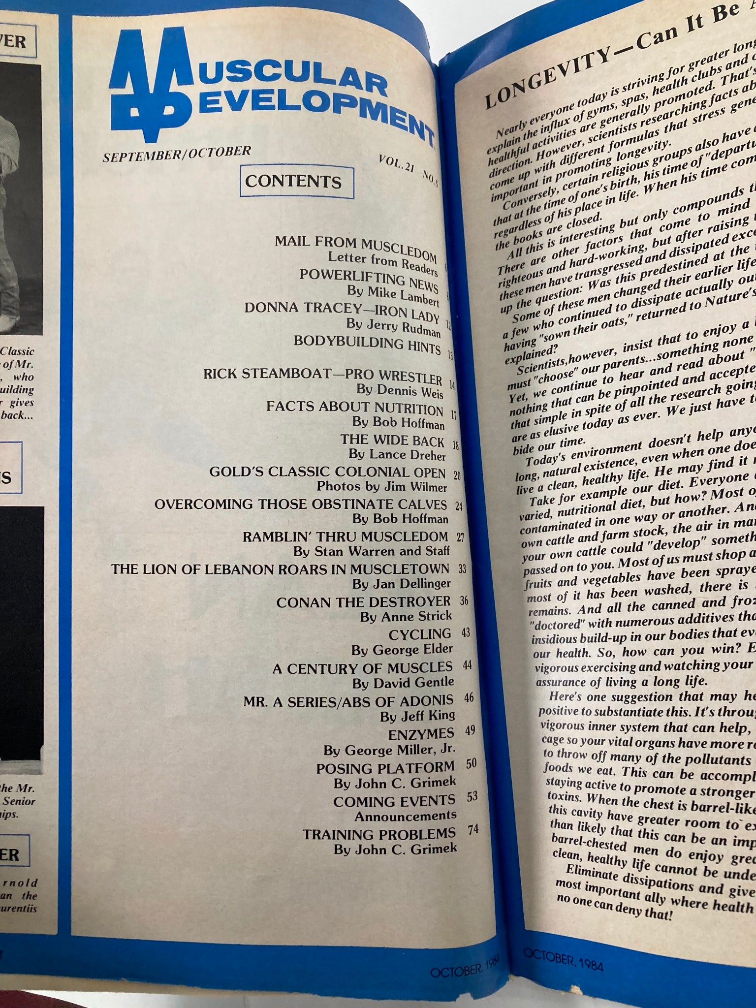 Interior page of the VTG Muscular Development Magazine October 1984 Vol 21 #5 featuring the table of contents with articles related to bodybuilding and fitness.