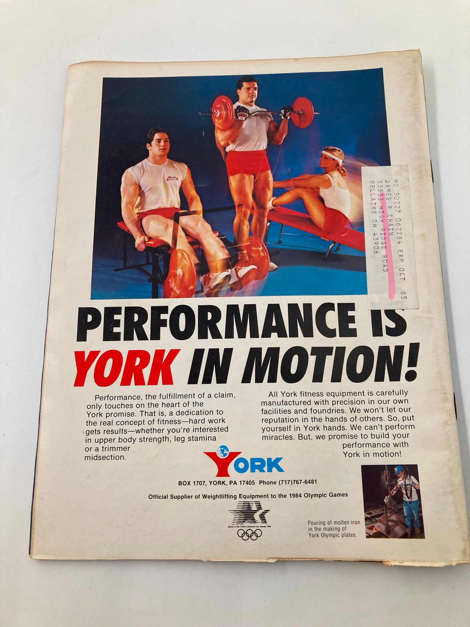 Back cover of the VTG Muscular Development Magazine October 1984 Vol 21 #5 showcasing an advertisement for York bodybuilding equipment, highlighting performance and fitness.