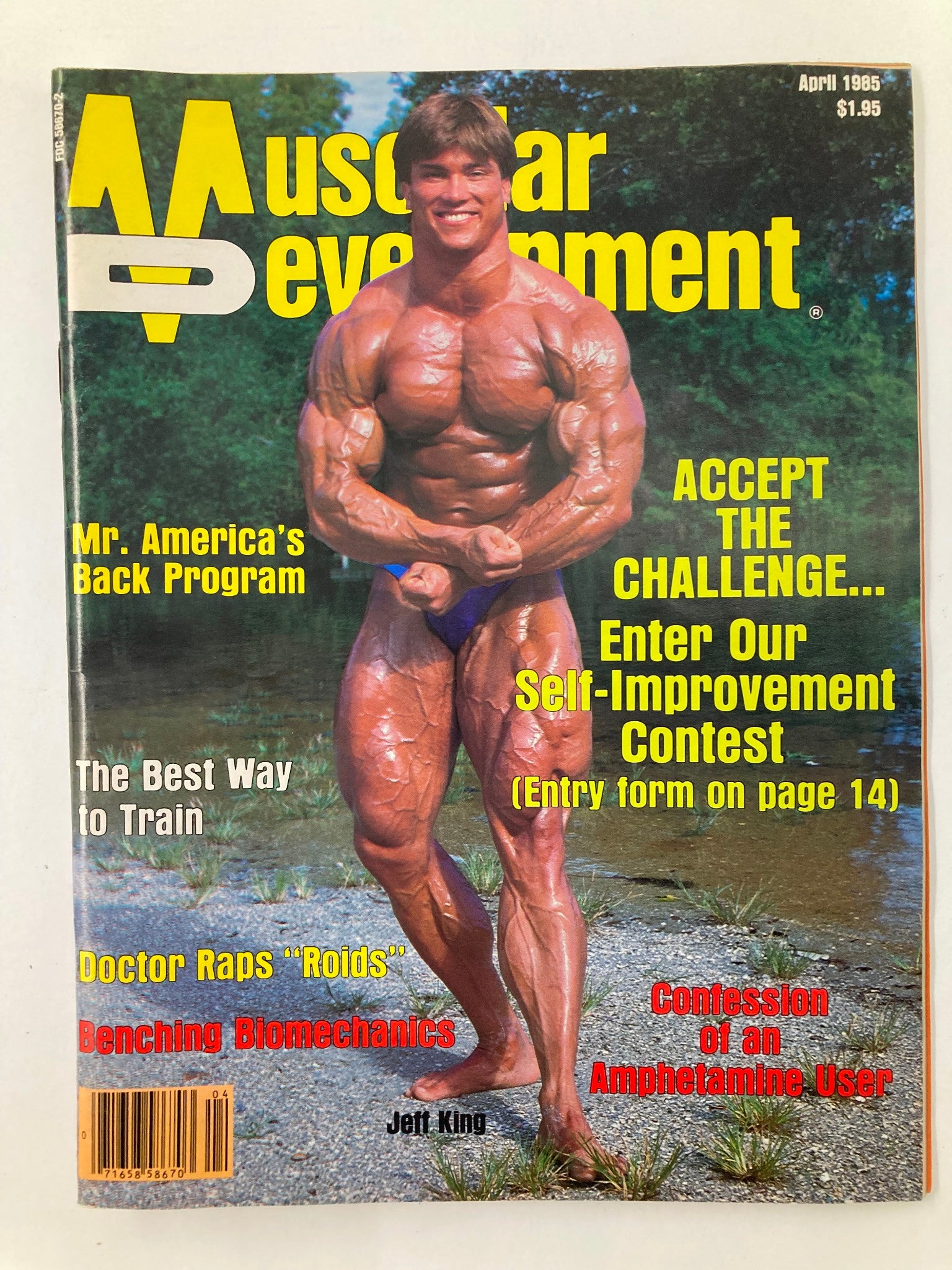 Cover of VTG Muscular Development Magazine April 1985 Vol 22 #1 featuring Jeff King, Mr. America showcasing a muscular physique and fitness tips.