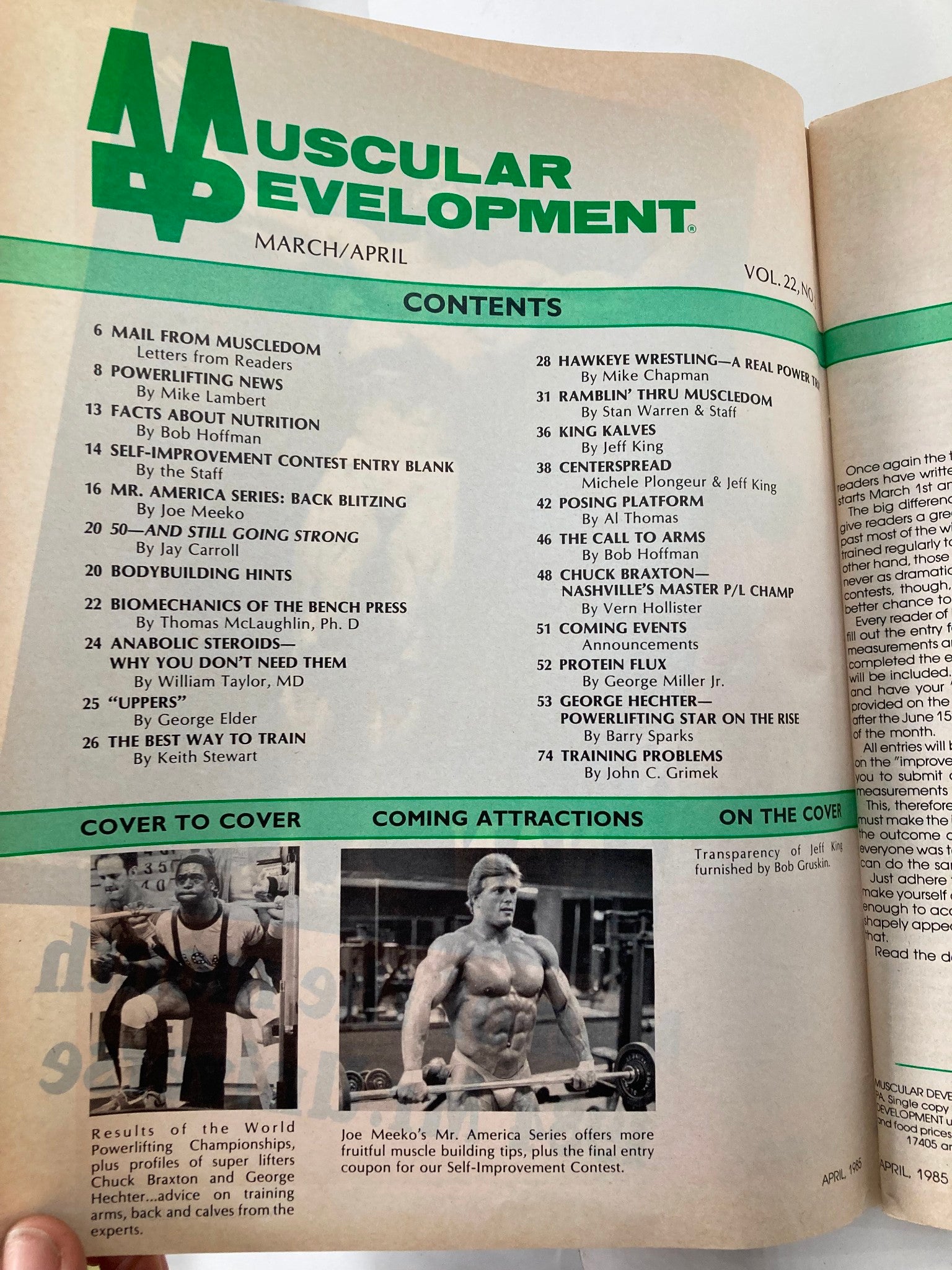 Contents page of VTG Muscular Development Magazine April 1985 Vol 22 #1, listing articles and features related to bodybuilding and fitness.