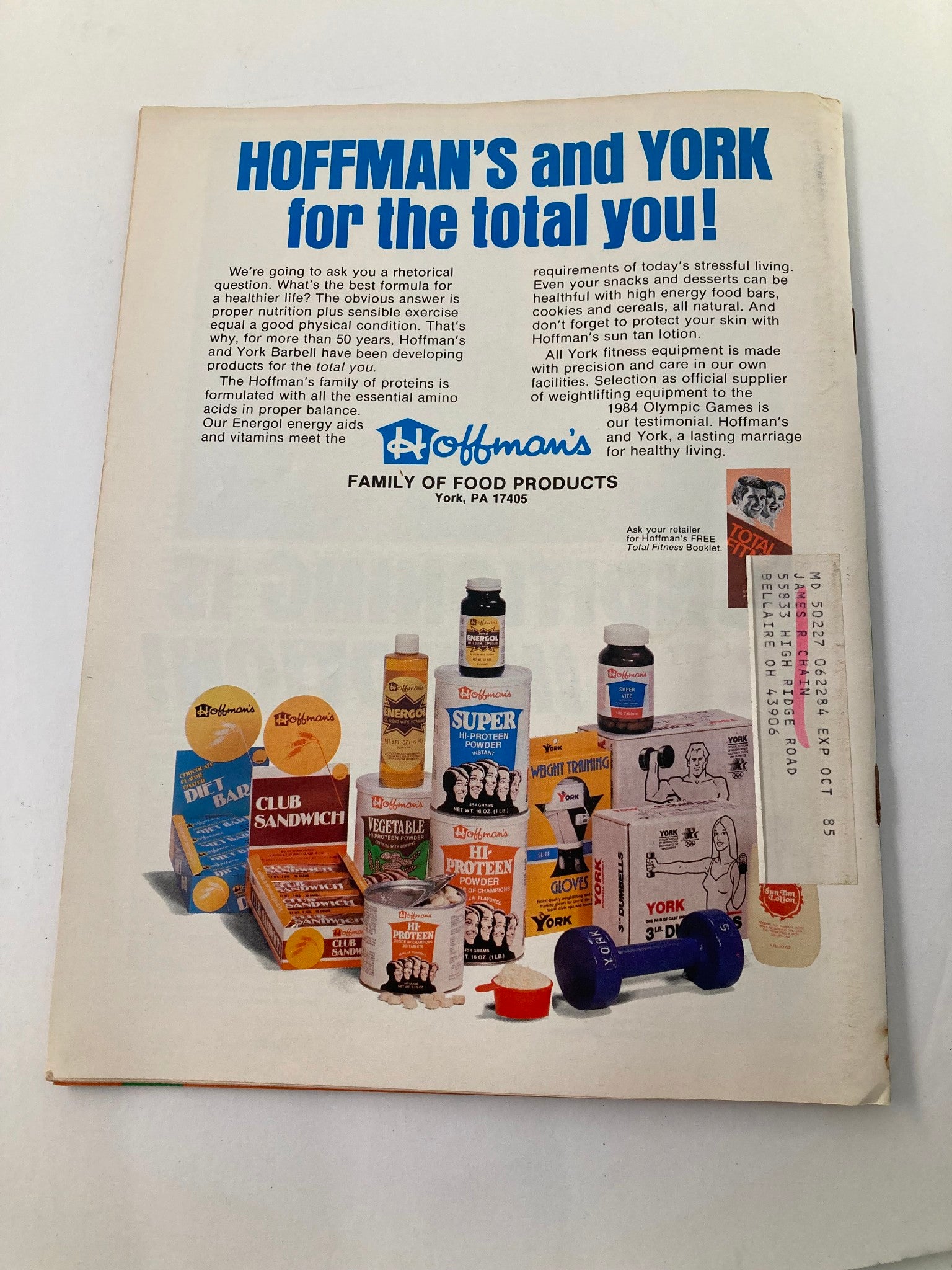 Back cover of VTG Muscular Development Magazine April 1985 Vol 22 #1 featuring a product advertisement by Hoffman’s and York for fitness supplements.