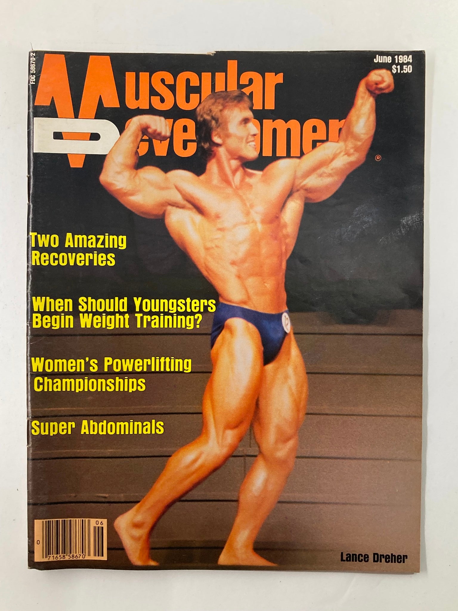 Cover of VTG Muscular Development Magazine June 1984 Vol 21 #3 featuring Lance Dreher showcasing a muscular physique, highlighting topics like recoveries, weight training for youngsters, women's powerlifting championships, and abdominal exercises.