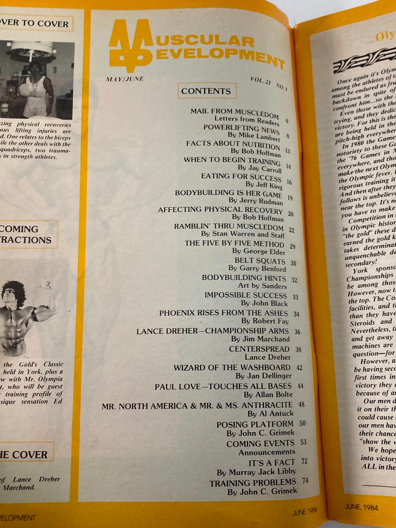 Interior page of the VTG Muscular Development Magazine June 1984 Vol 21 #3 featuring the table of contents, highlighting articles and bodybuilding topics, with a prominent focus on Lance Dreher.