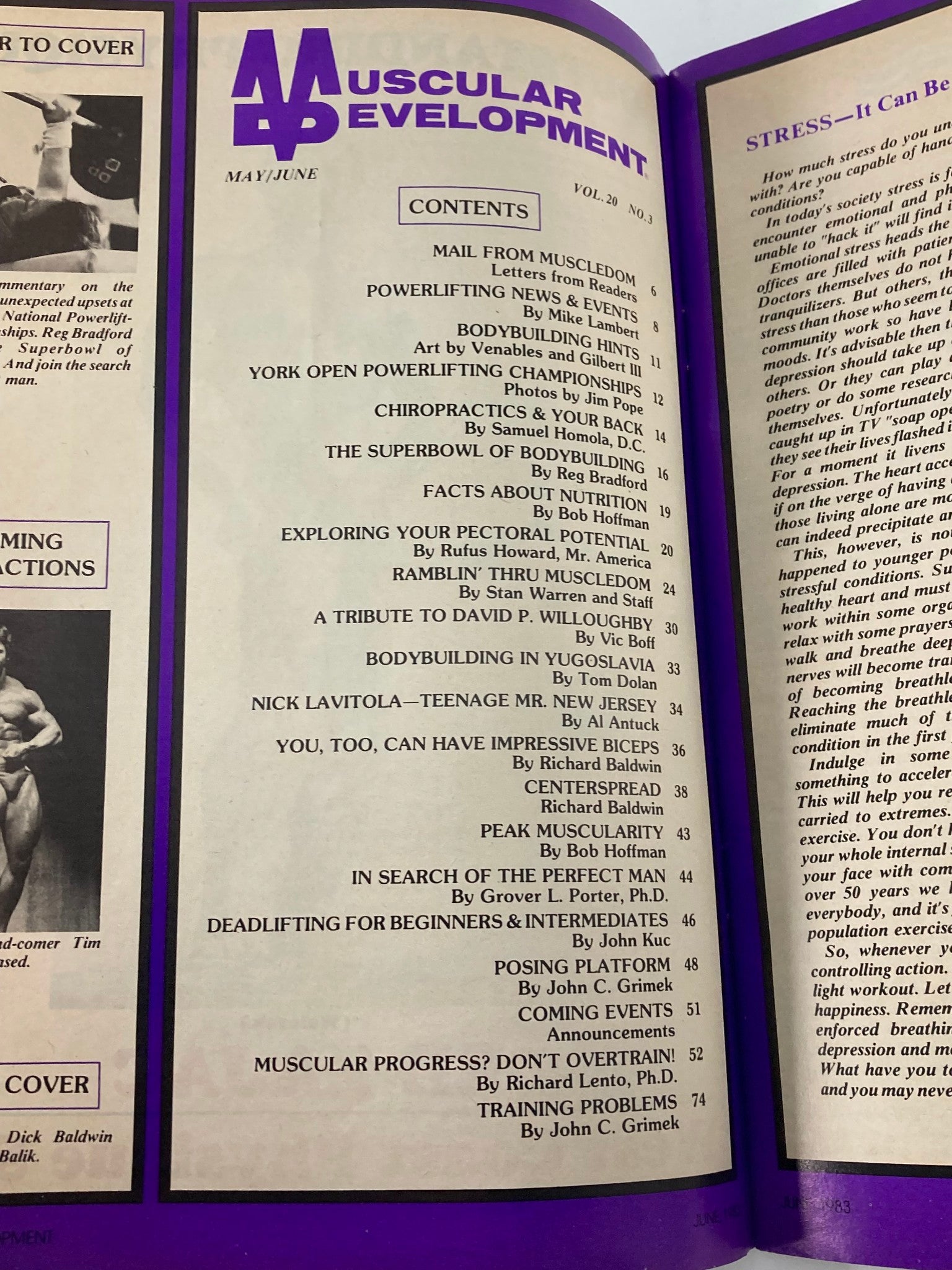 Contents page of VTG Muscular Development Magazine June 1983 Vol 20 #3 listing articles on bodybuilding topics.
