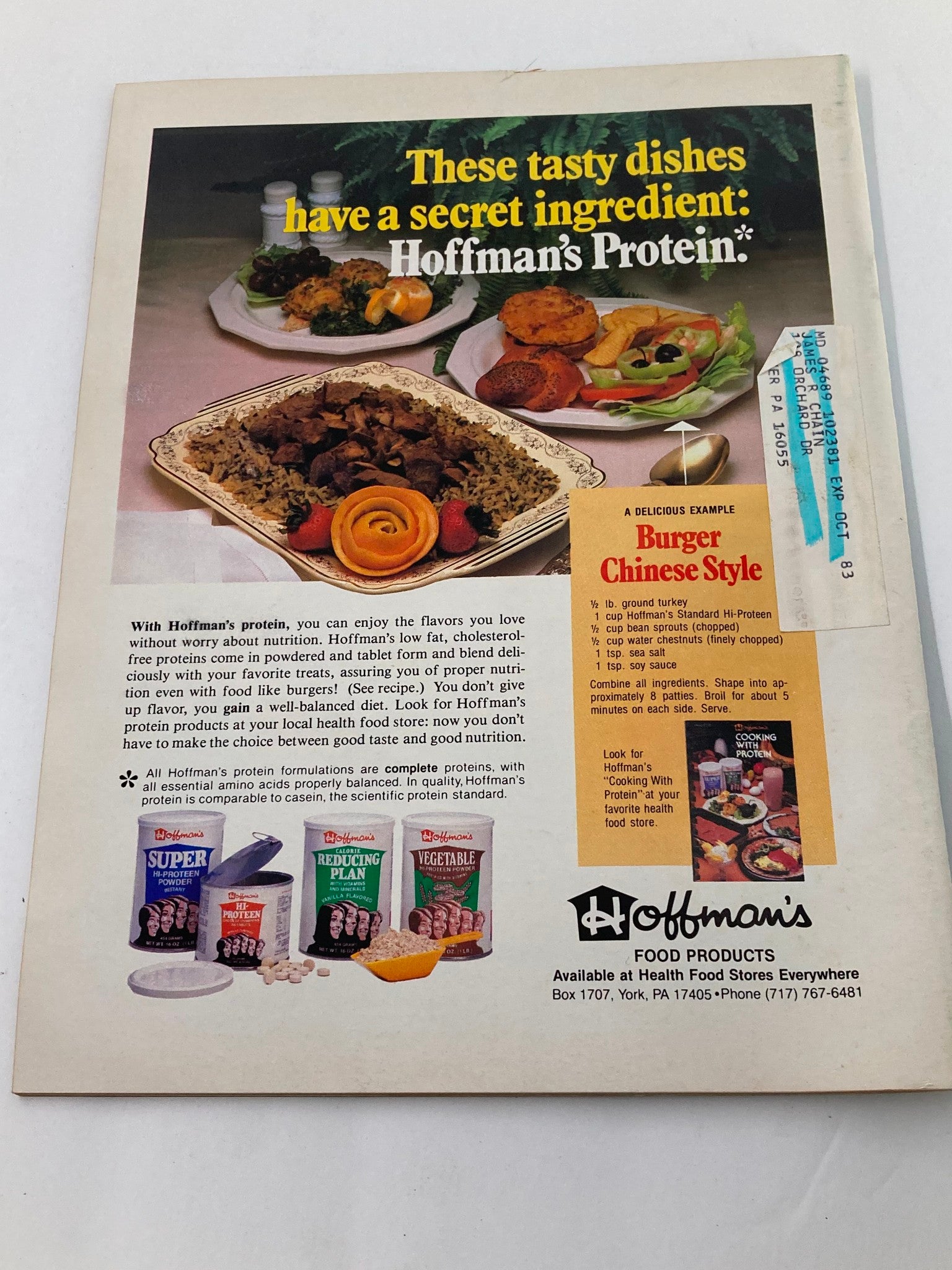 Back cover advertisement of Hoffman’s Food Products featured in VTG Muscular Development Magazine June 1983 Vol 20 #3.