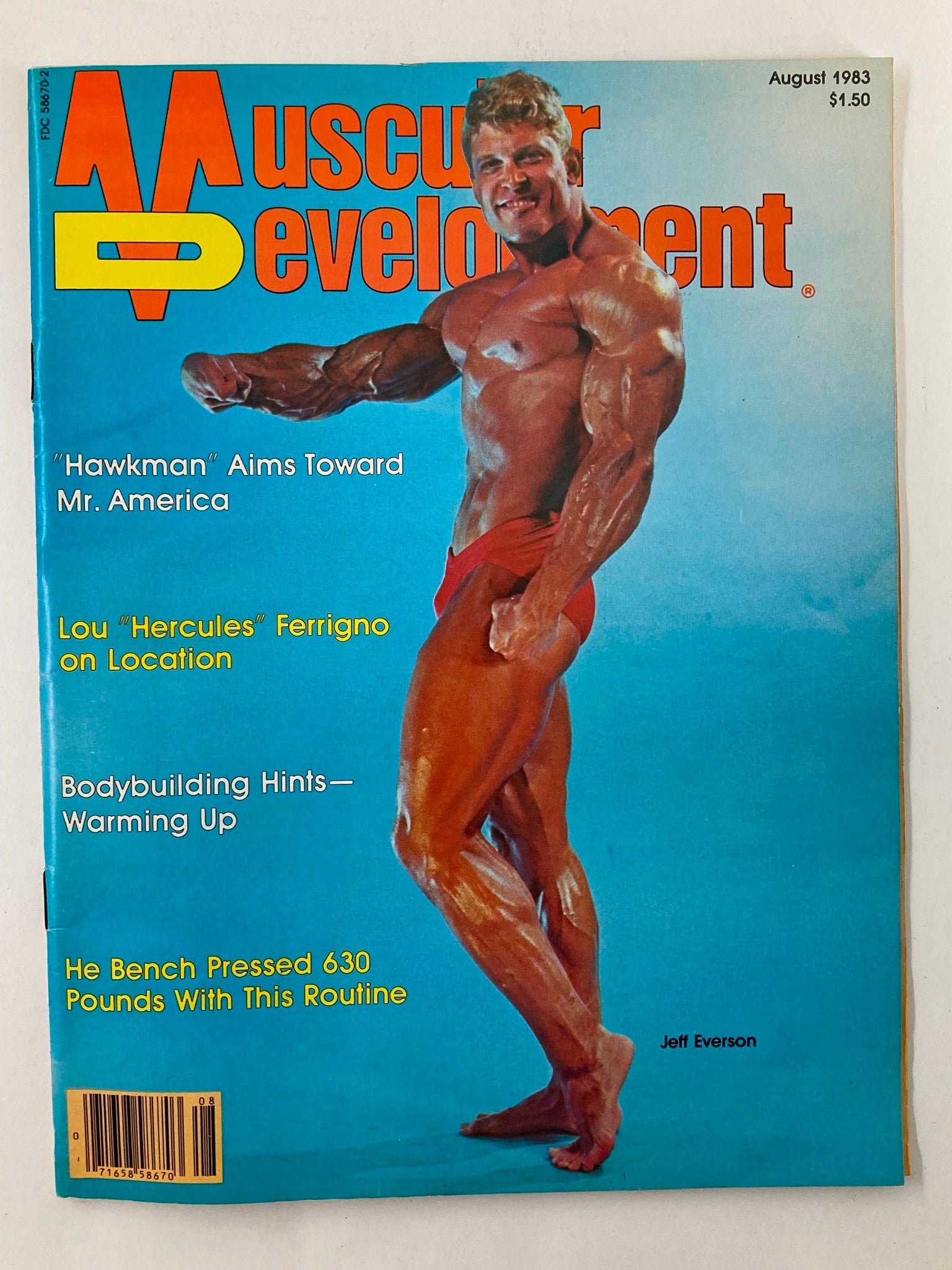 Cover of VTG Muscular Development Magazine August 1983 featuring Jeff Everson showcasing his physique with the headline about 'Hawkman' aiming for Mr. America.