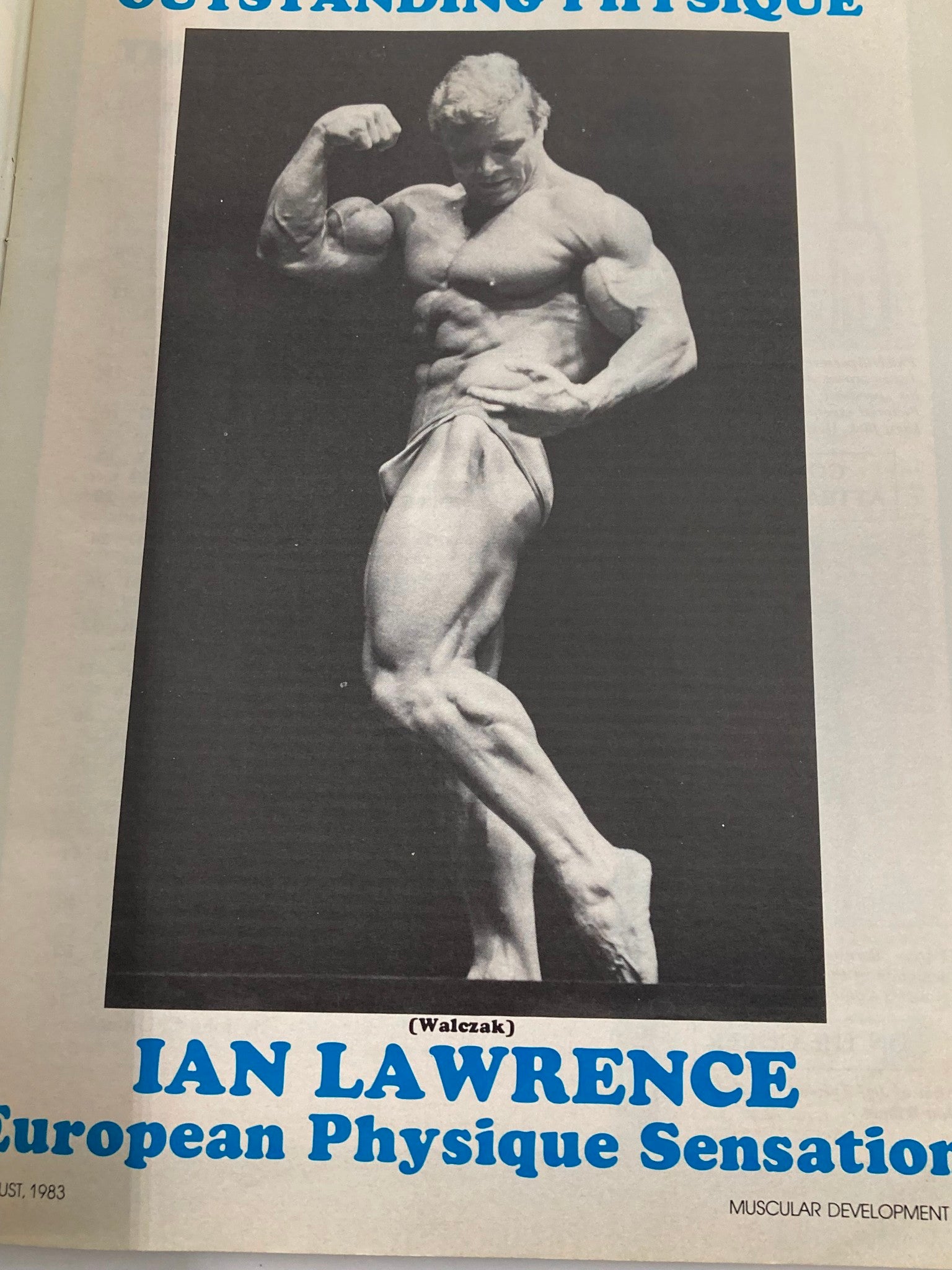 Feature page from VTG Muscular Development Magazine August 1983 highlighting Ian Lawrence, labeled as a European physique sensation.
