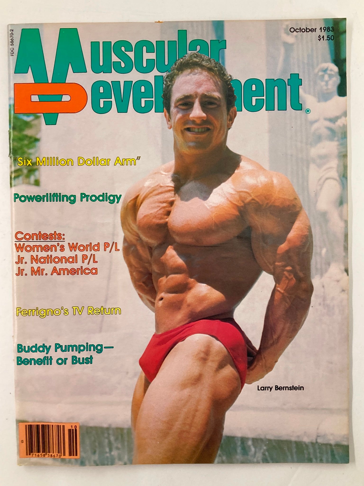 Cover of VTG Muscular Development Magazine, October 1983, Vol 20 #5 featuring Larry Bernstein, showcasing bodybuilding culture with headlines on powerlifting, contests, and fitness tips.