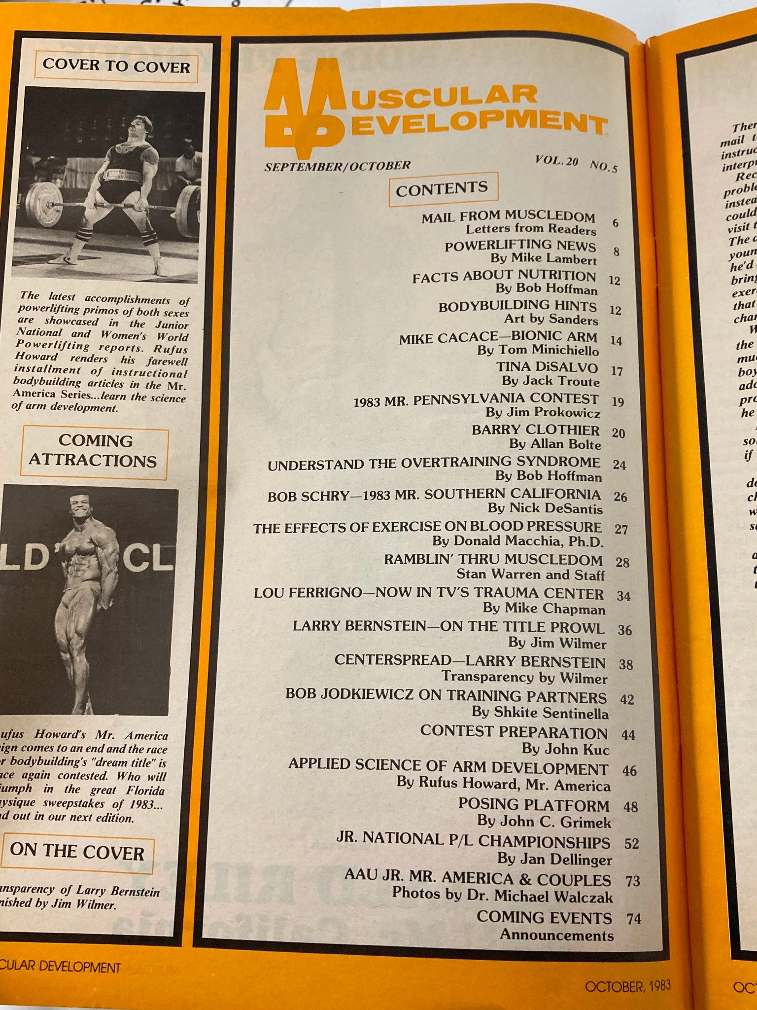 Contents page of VTG Muscular Development Magazine, October 1983, Vol 20 #5, outlining articles on bodybuilding, nutrition, and powerlifting, highlighting Larry Bernstein and other fitness topics.