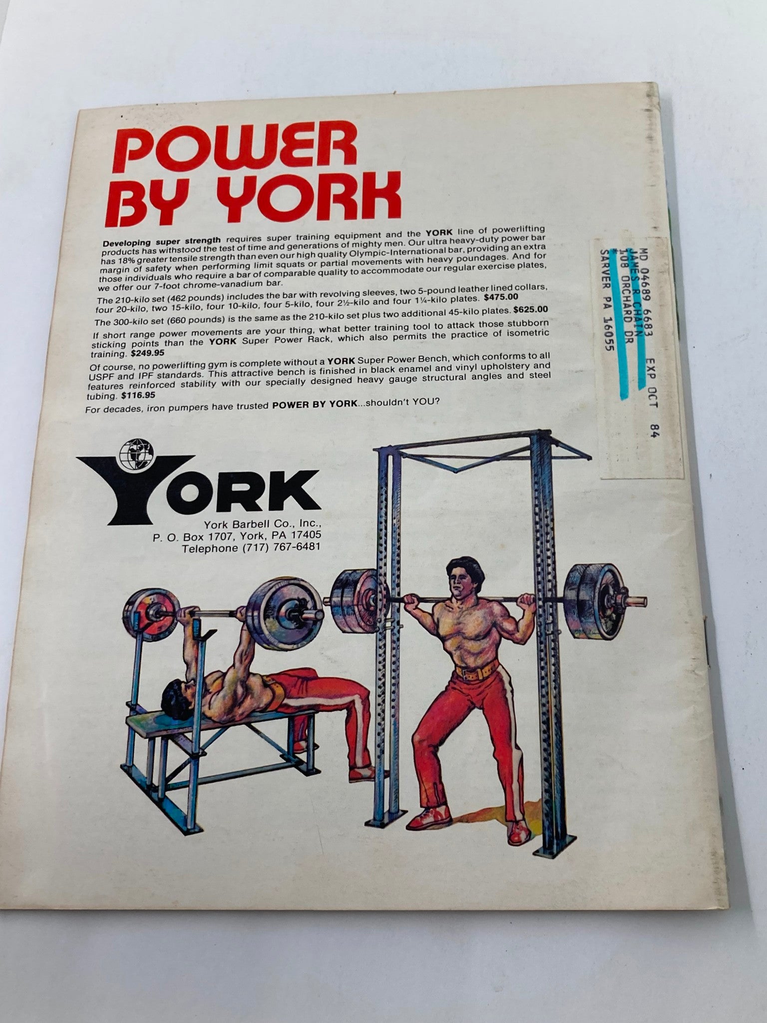 Back cover of the VTG Muscular Development Magazine October 1983 Vol 20 #5 featuring an advertisement by York Barbell Company. The image displays illustrations of weightlifting equipment and bodybuilders demonstrating exercises. This vintage magazine cover serves as a window into the bodybuilding culture of the 1980s.