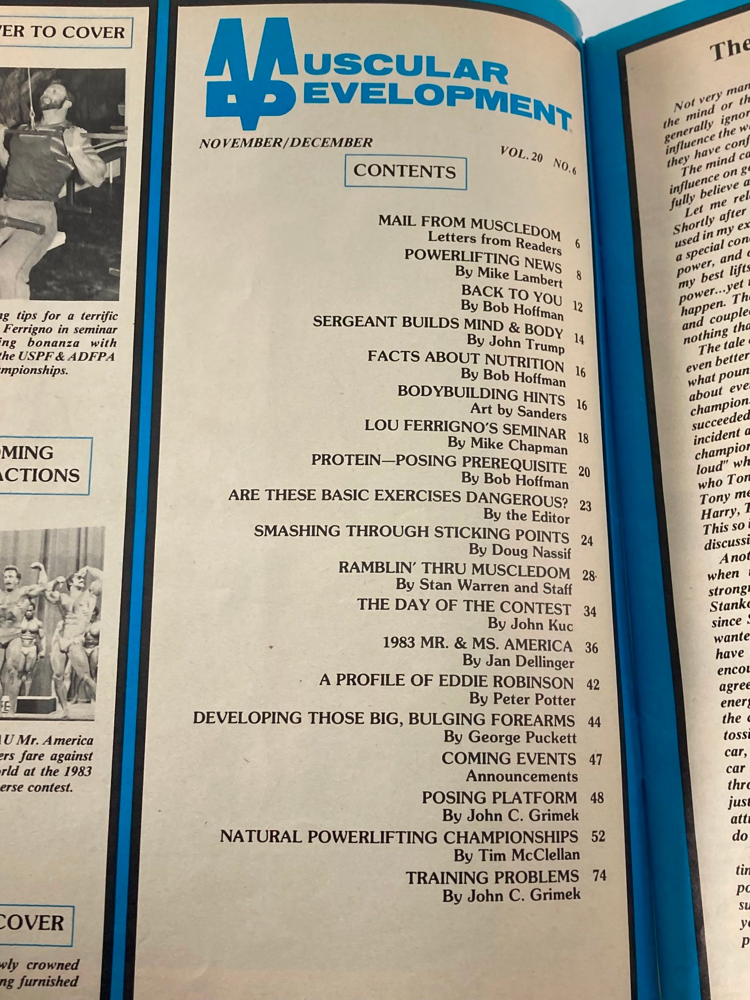 Contents page of VTG Muscular Development Magazine December 1983, listing articles on bodybuilding, powerlifting, and notable personalities including Lou Ferrigno.