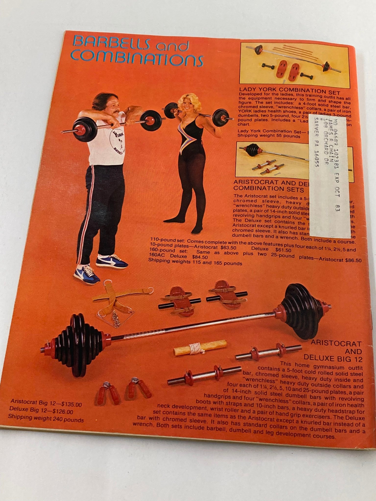 Vintage advertisement from Muscular Development Magazine February 1982 featuring various weightlifting sets including Lady York and Aristocrat combination sets. The ad showcases fitness equipment alongside images of a man and woman demonstrating exercises, highlighting the era's bodybuilding culture.