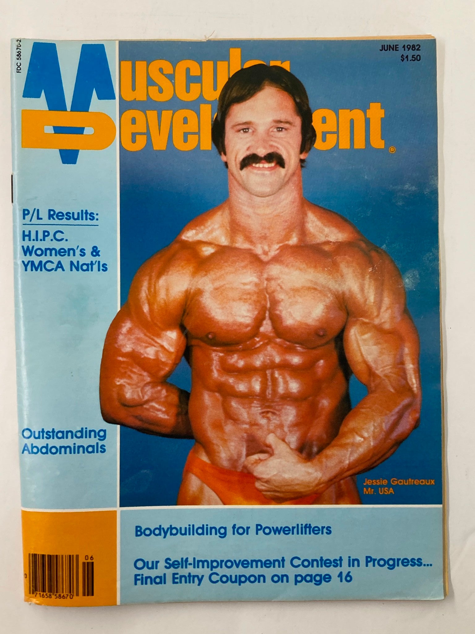Cover of VTG Muscular Development Magazine June 1982 Vol 19 #2 showcasing a bodybuilder, Jessie Gautreaux, highlighting bodybuilding themes and promotions.