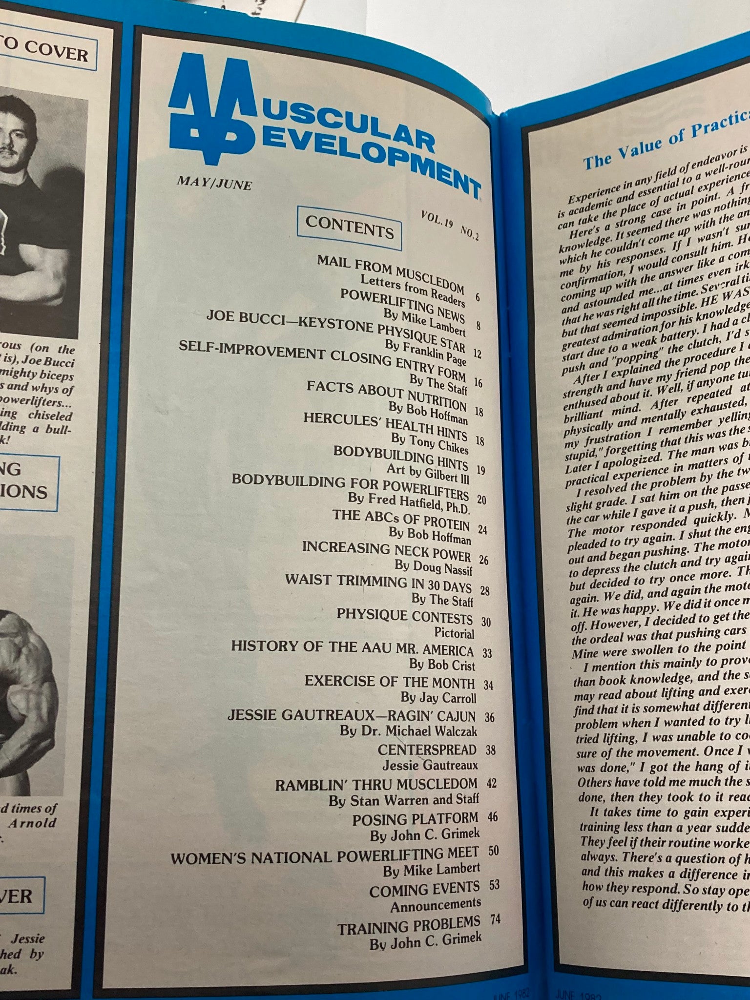 Inside content page of VTG Muscular Development Magazine June 1982 Vol 19 #2 displaying the table of contents with articles focused on bodybuilding and fitness.