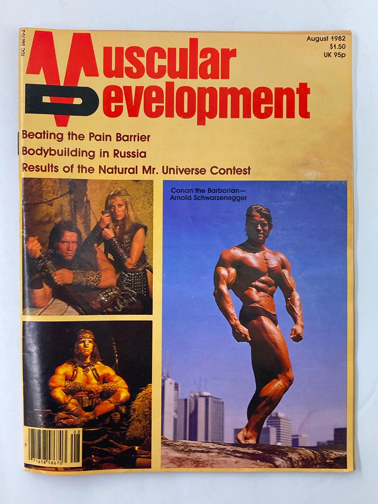 Cover of VTG Muscular Development Magazine August 1982 Vol 19 #3 featuring Arnold Schwarzenegger, showcasing bodybuilding topics including 'Beating the Pain Barrier' and results from the Natural Mr. Universe Contest.