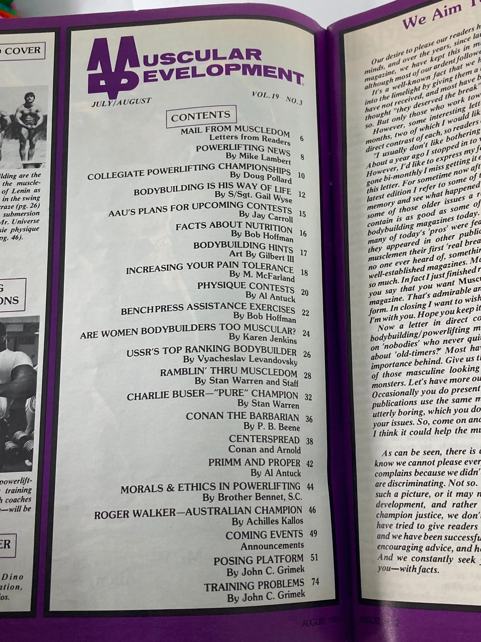 Contents page of VTG Muscular Development Magazine August 1982 Vol 19 #3, detailing various articles related to bodybuilding such as training techniques and nutrition hints.