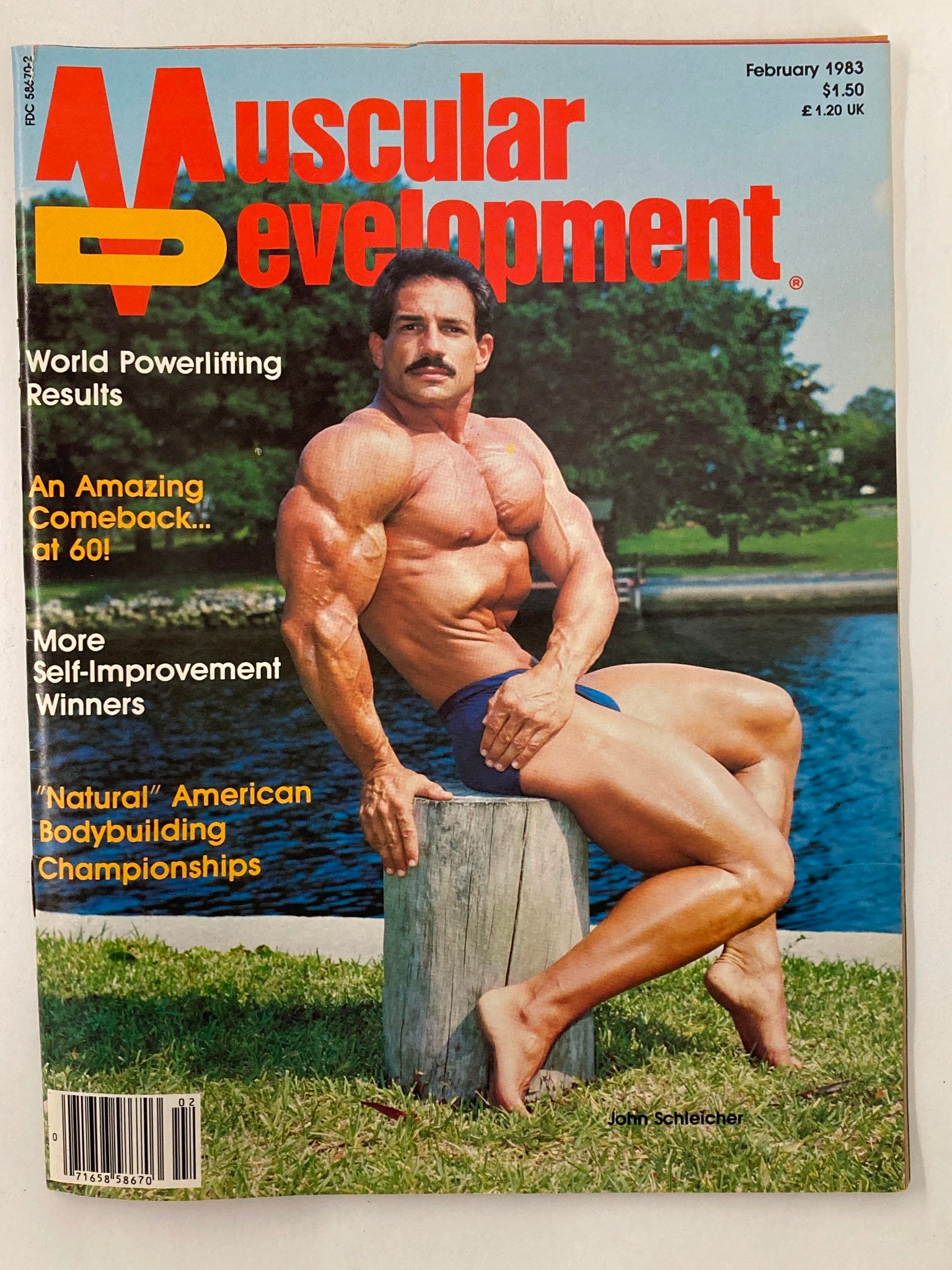 Cover of VTG Muscular Development Magazine February 1983 Vol 20 #1 featuring John Schleicher showcasing bodybuilding achievements by a lake.