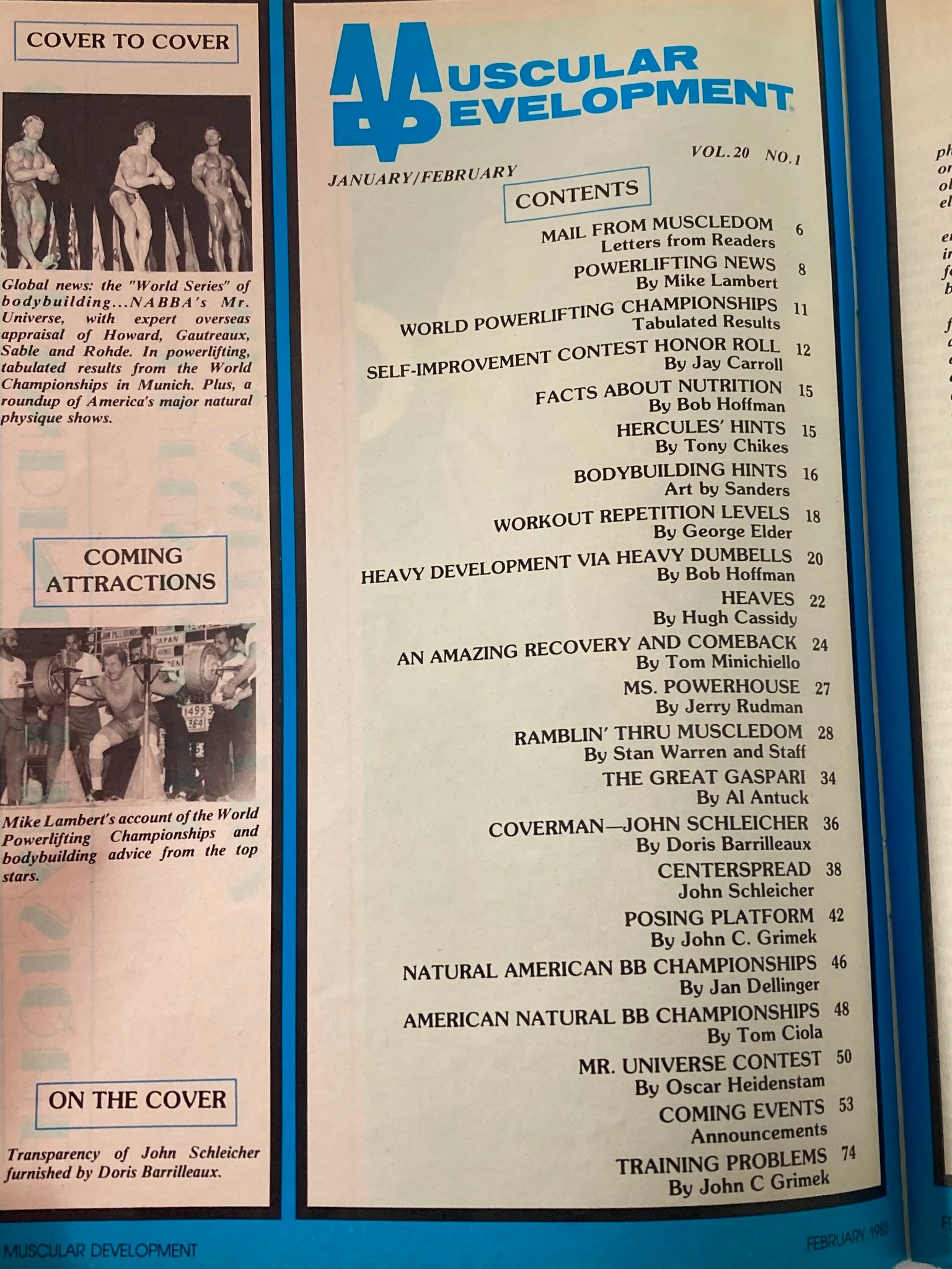 Table of contents from VTG Muscular Development Magazine February 1983 Vol 20 #1 listing articles and features on bodybuilding and fitness.