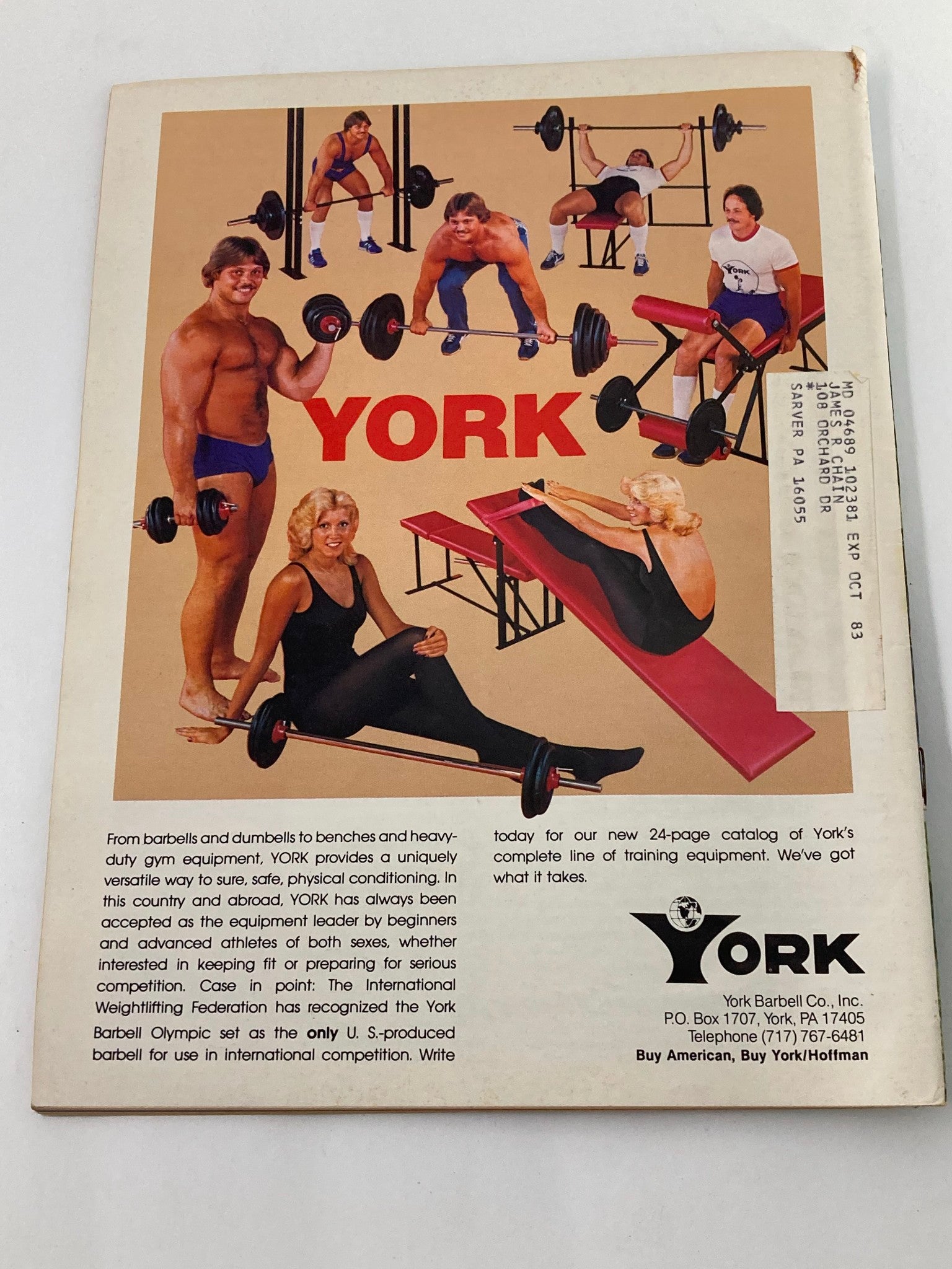 Back cover of VTG Muscular Development Magazine February 1983 Vol 20 #1 promoting YORK gym equipment with vintage fitness imagery.